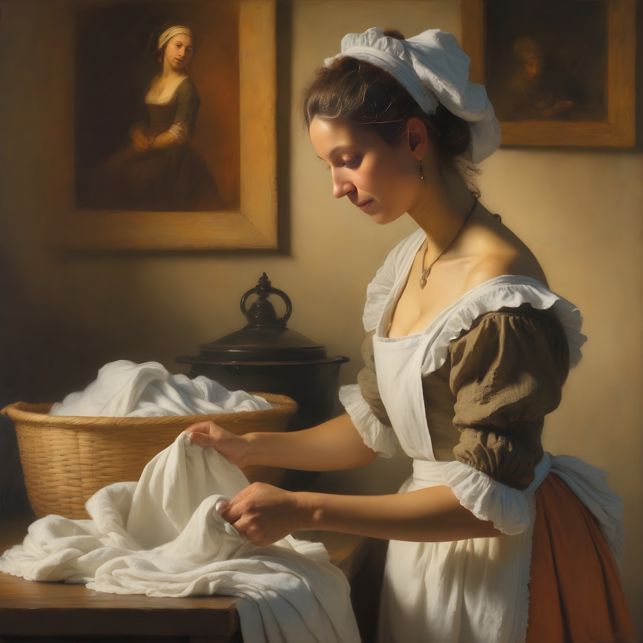 18th-Century Woman Sorting Linens in Warm Light