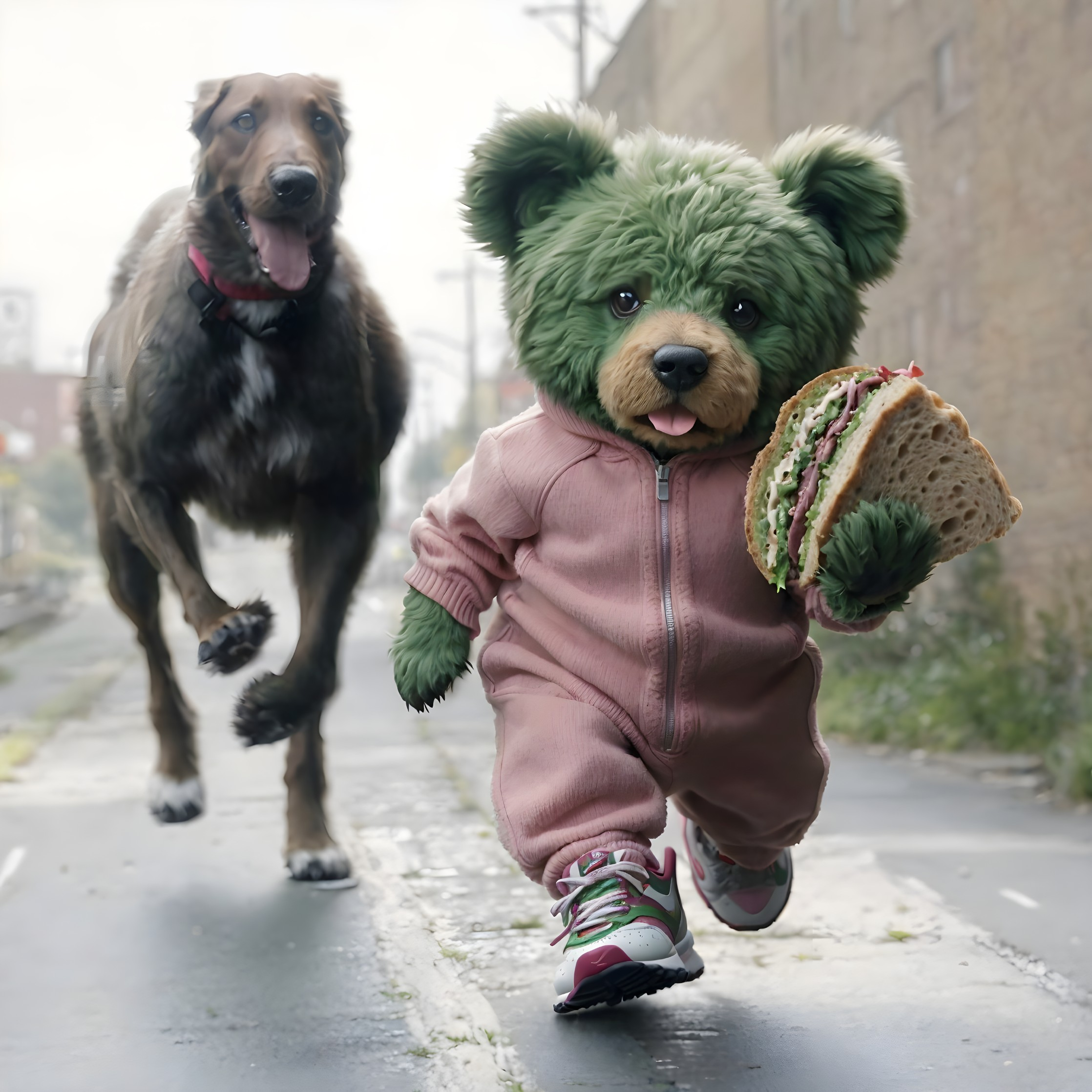 Playful Bear and Dog in Vibrant City Scene
