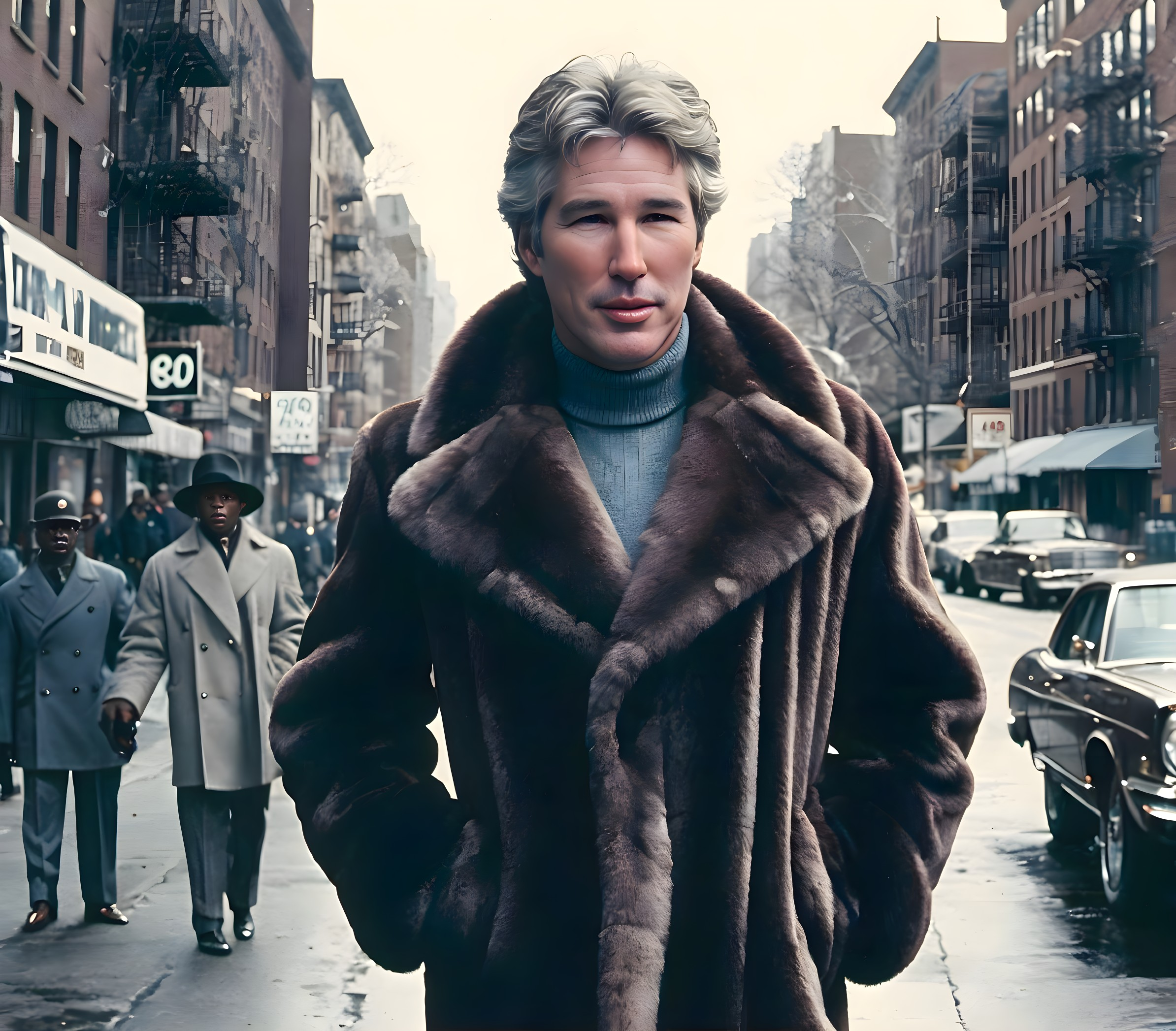 Confident man in luxurious fur coat on city street with vintage cars.