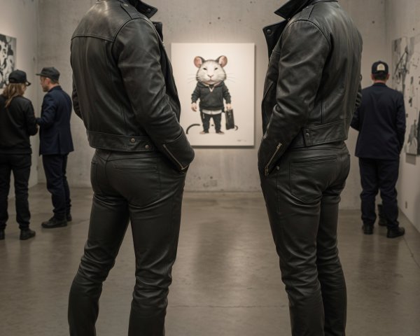 Men in Black Leather Outfits at Art Gallery