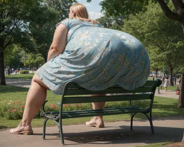 Woman in blue floral dress seated on park bench