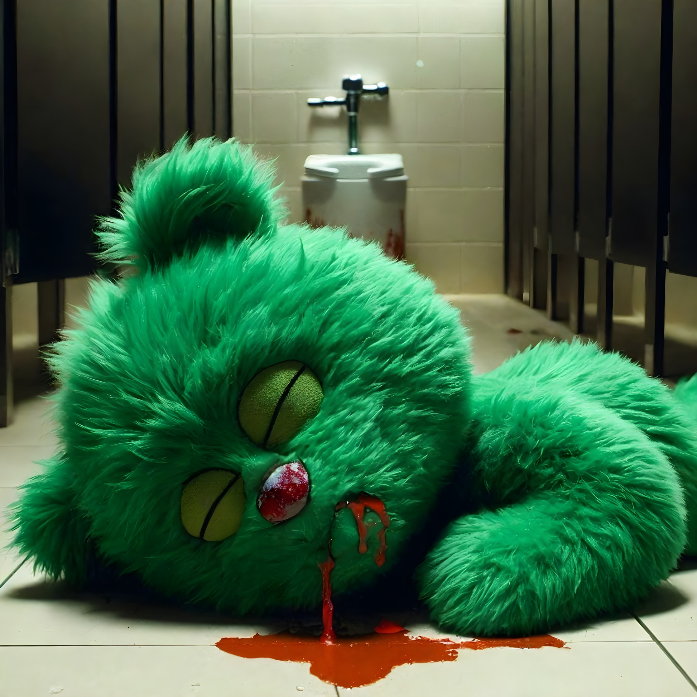Damaged green plush toy with red stuffing on floor