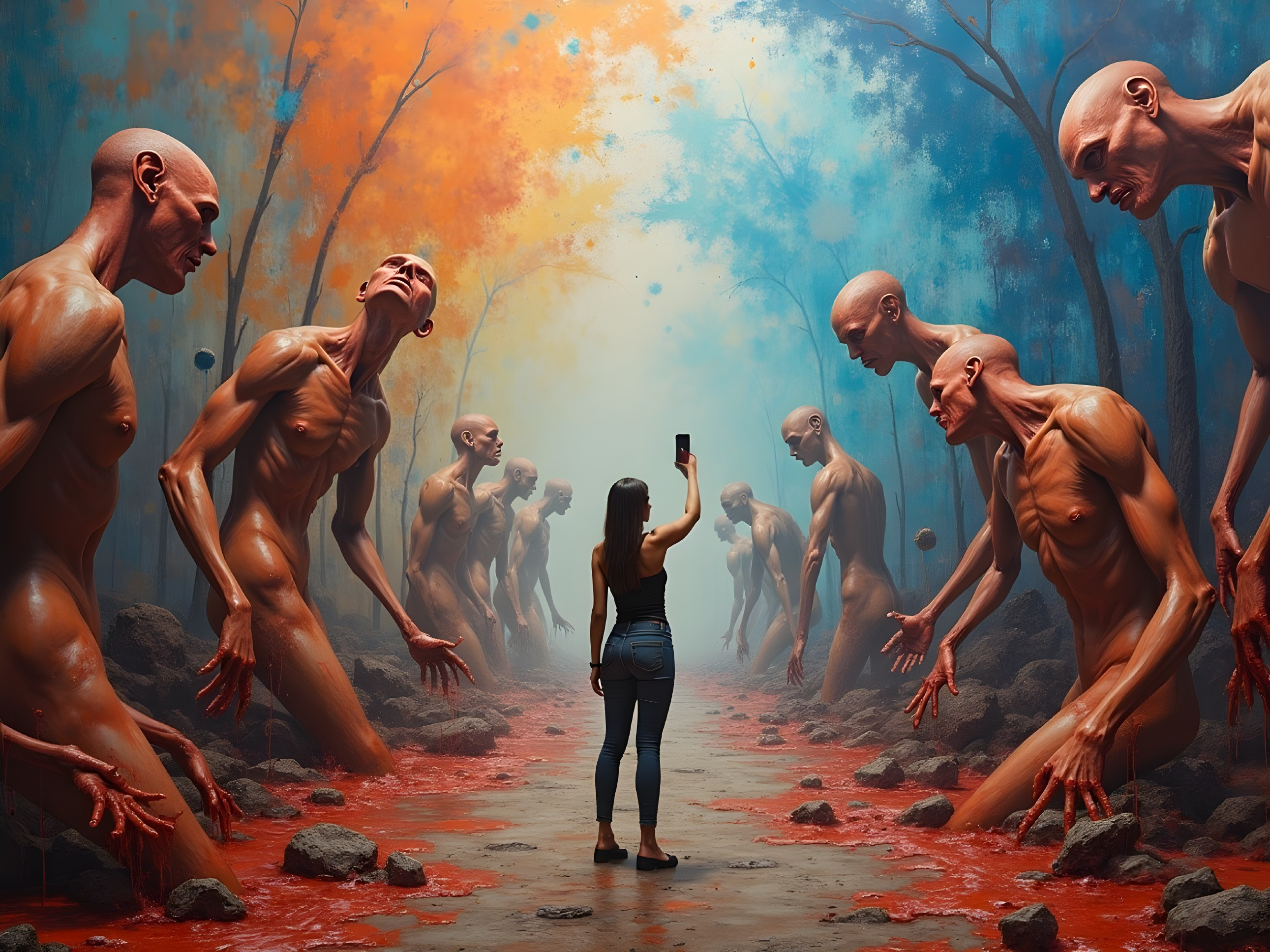 Surreal Landscape with Humanoid Figures and Vibrant Colors