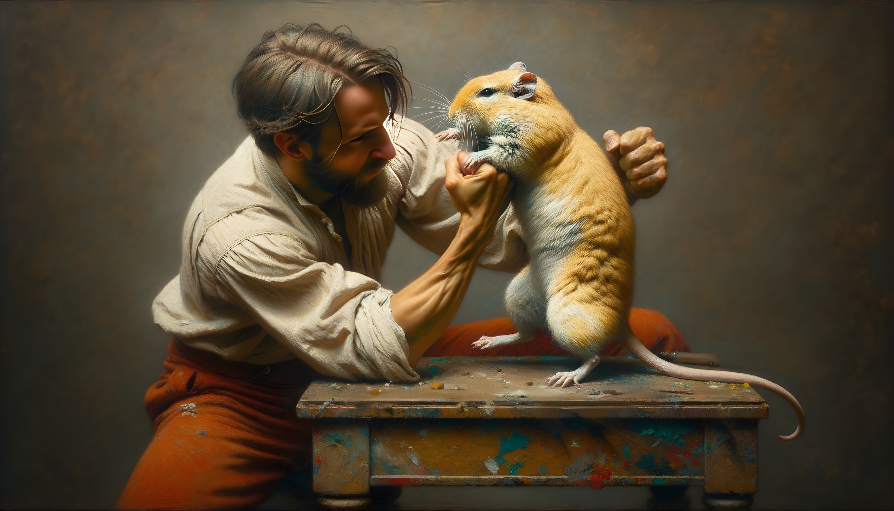 Man Interacts with Tan Gerbil at Rustic Wooden Table