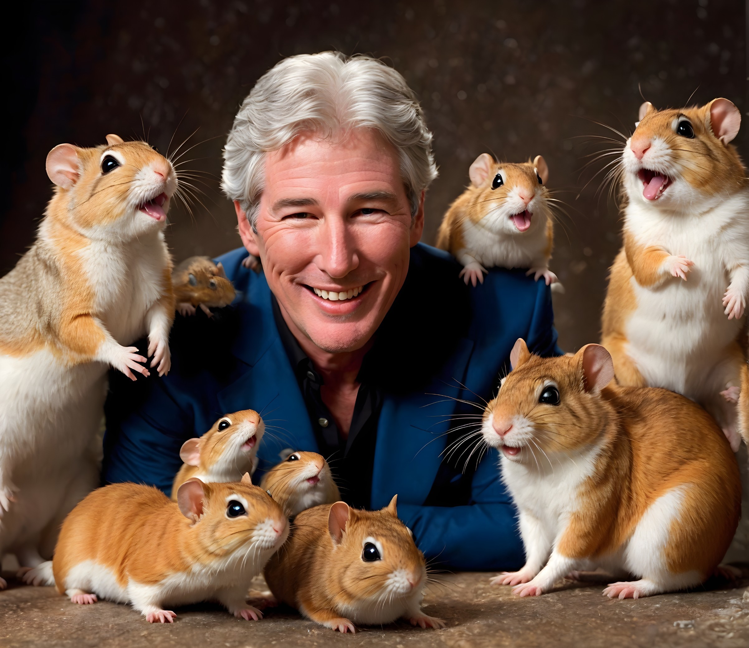 Smiling Man in Blue Suit with Oversized Gerbils