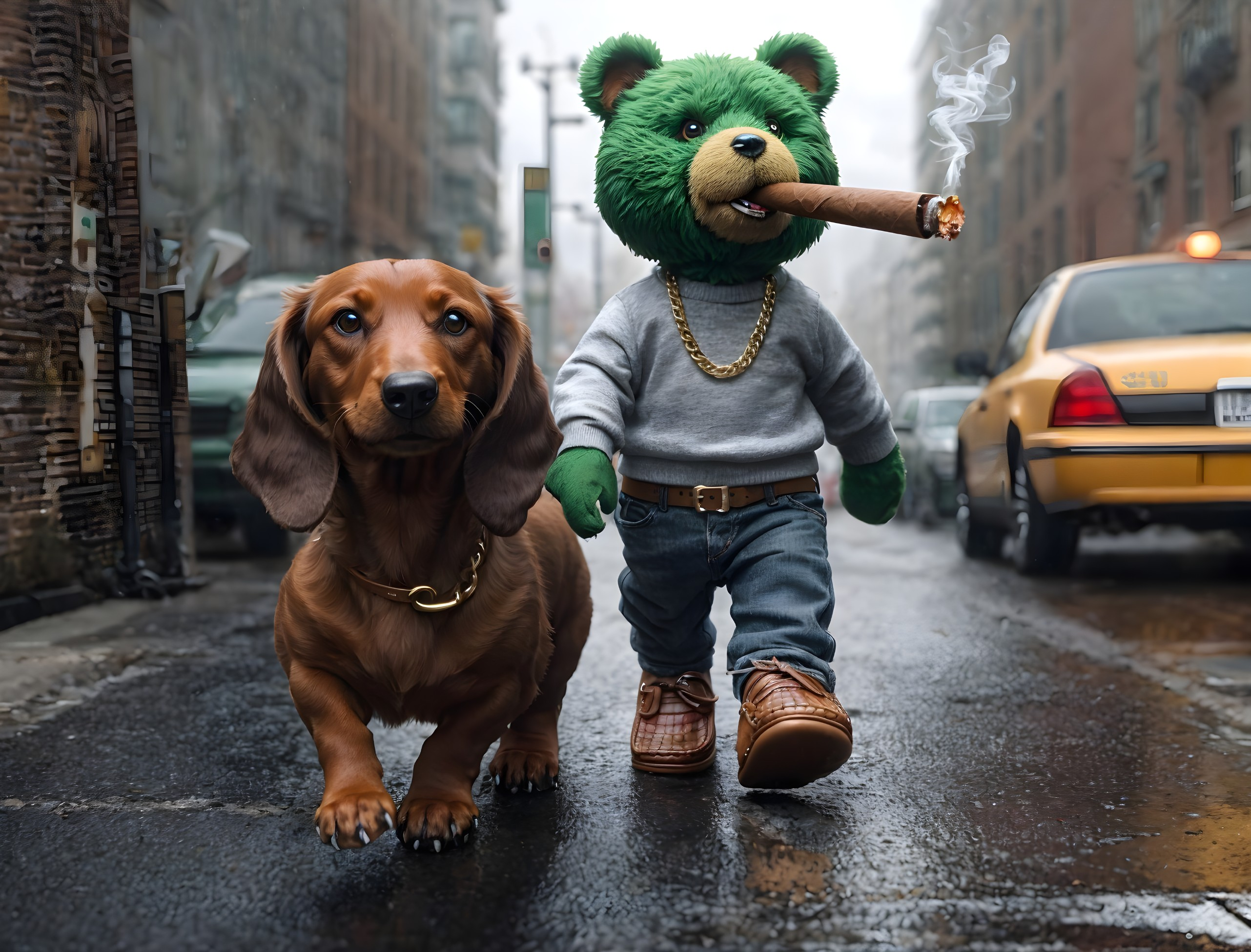Whimsical green teddy bear and dachshund in city scene