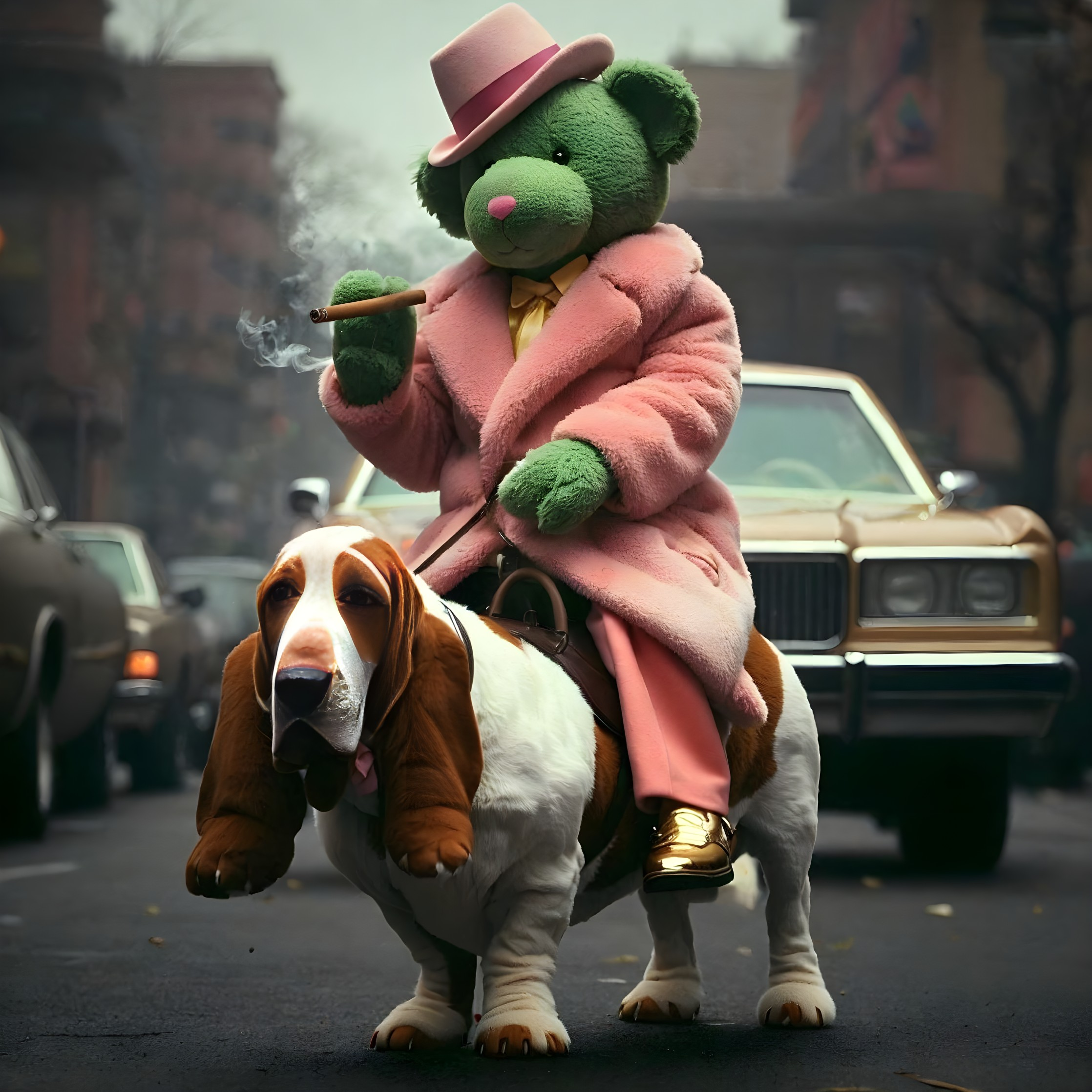 Green Bear in Pink Coat Riding Basset Hound in City