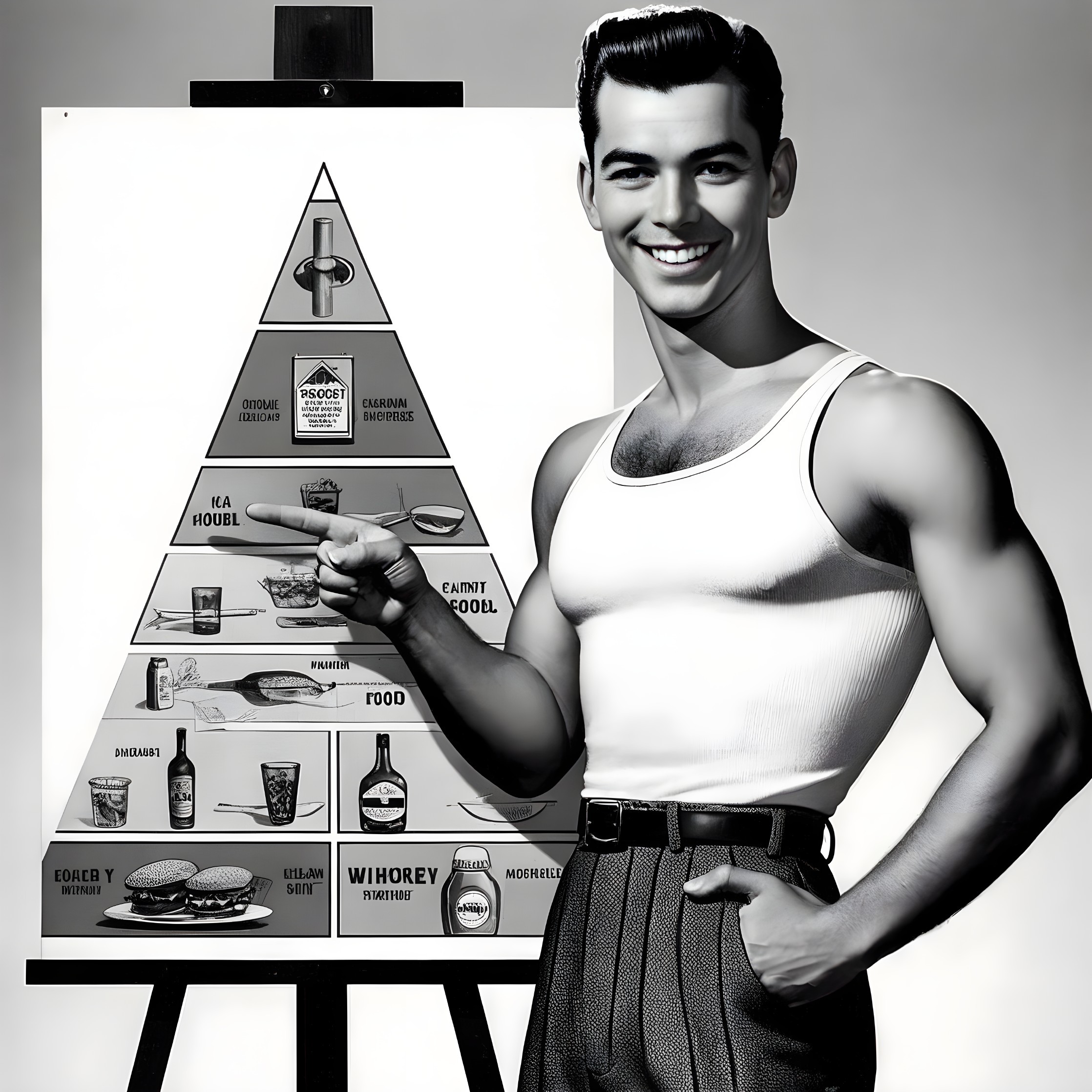 Smiling Man Next to Vintage Food Pyramid Chart