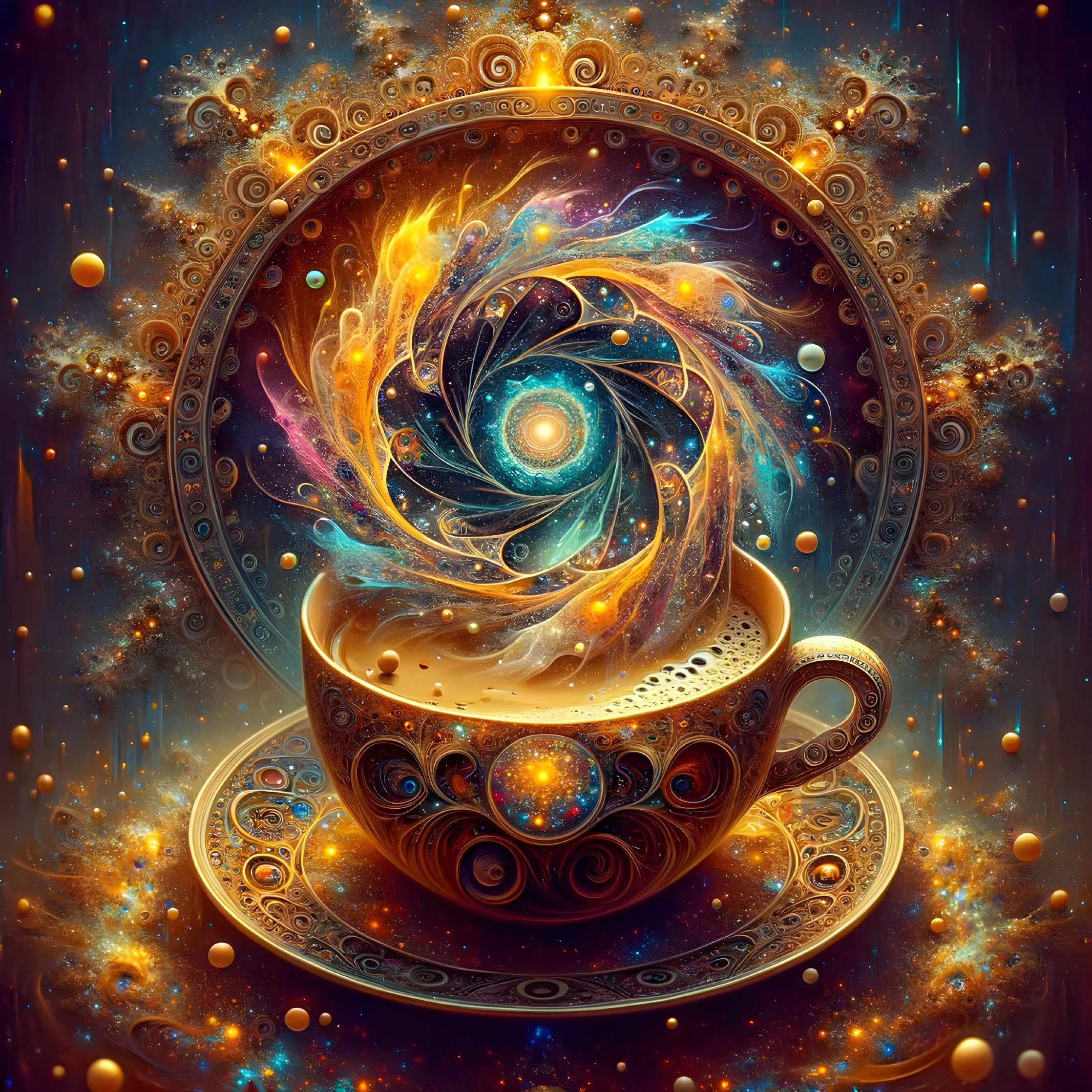 Intricate Coffee Cup on Ornate Saucer with Cosmic Design