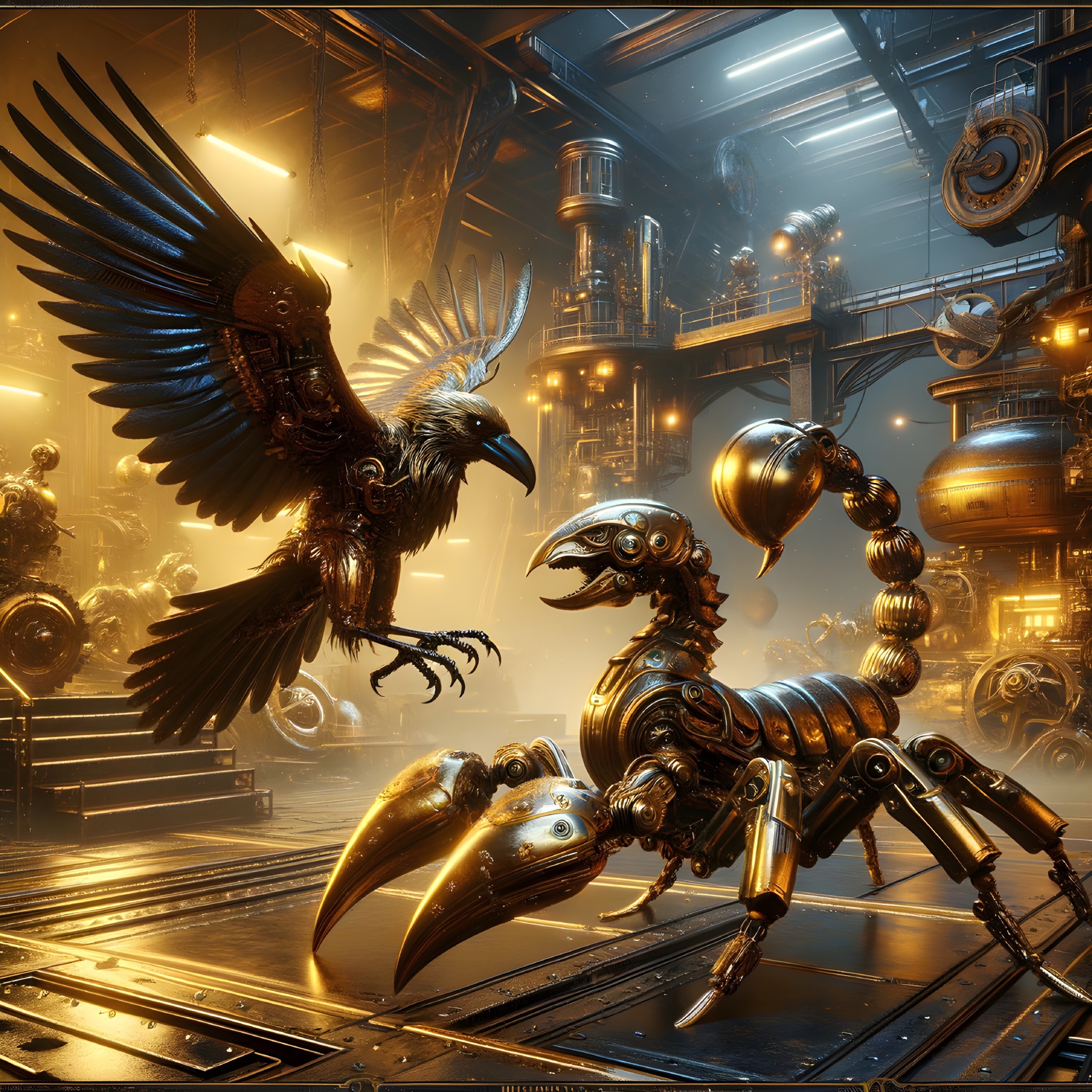 Mechanical Scorpion and Robotic Bird in Steampunk Scene