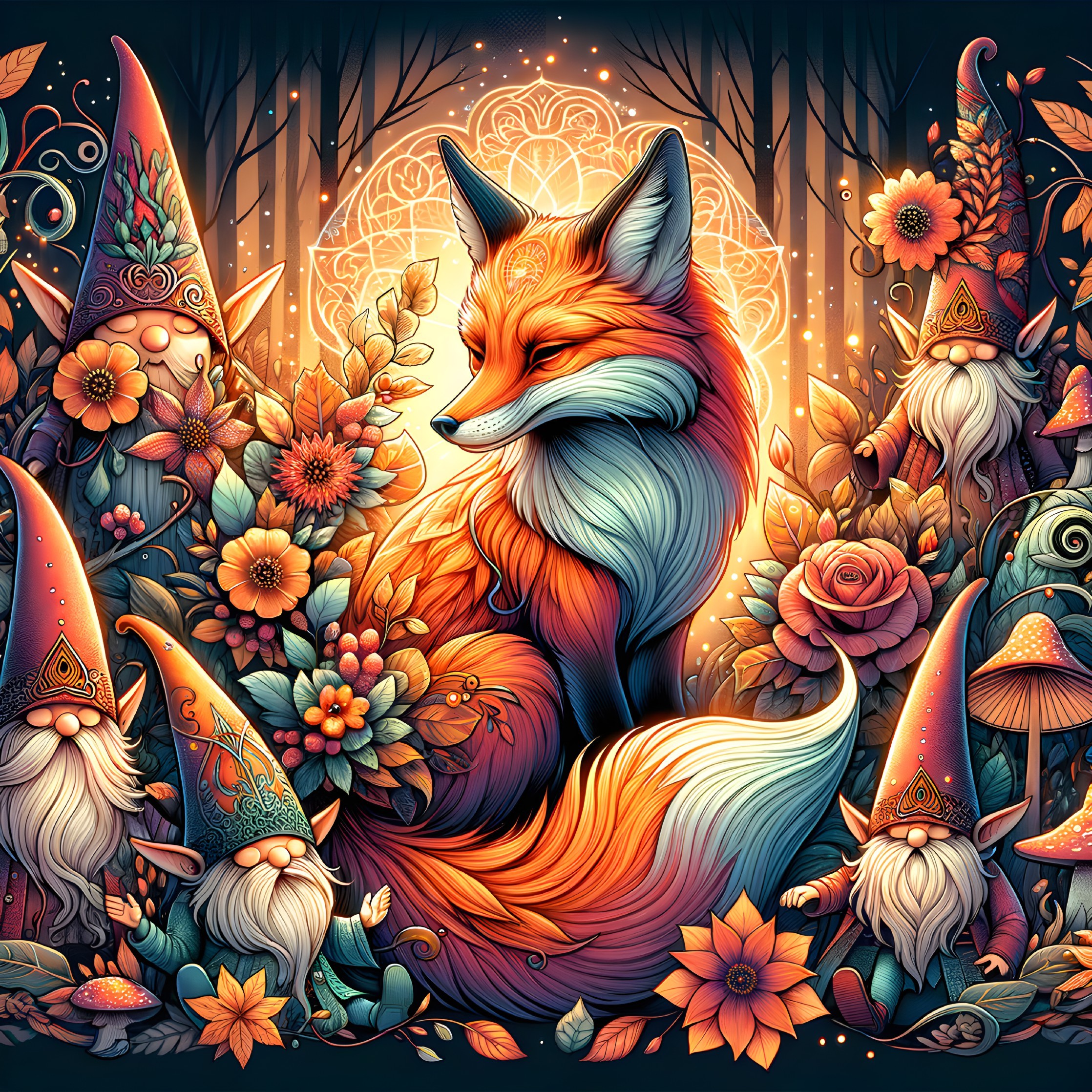 Majestic Fox and Gnomes in a Colorful Garden Scene