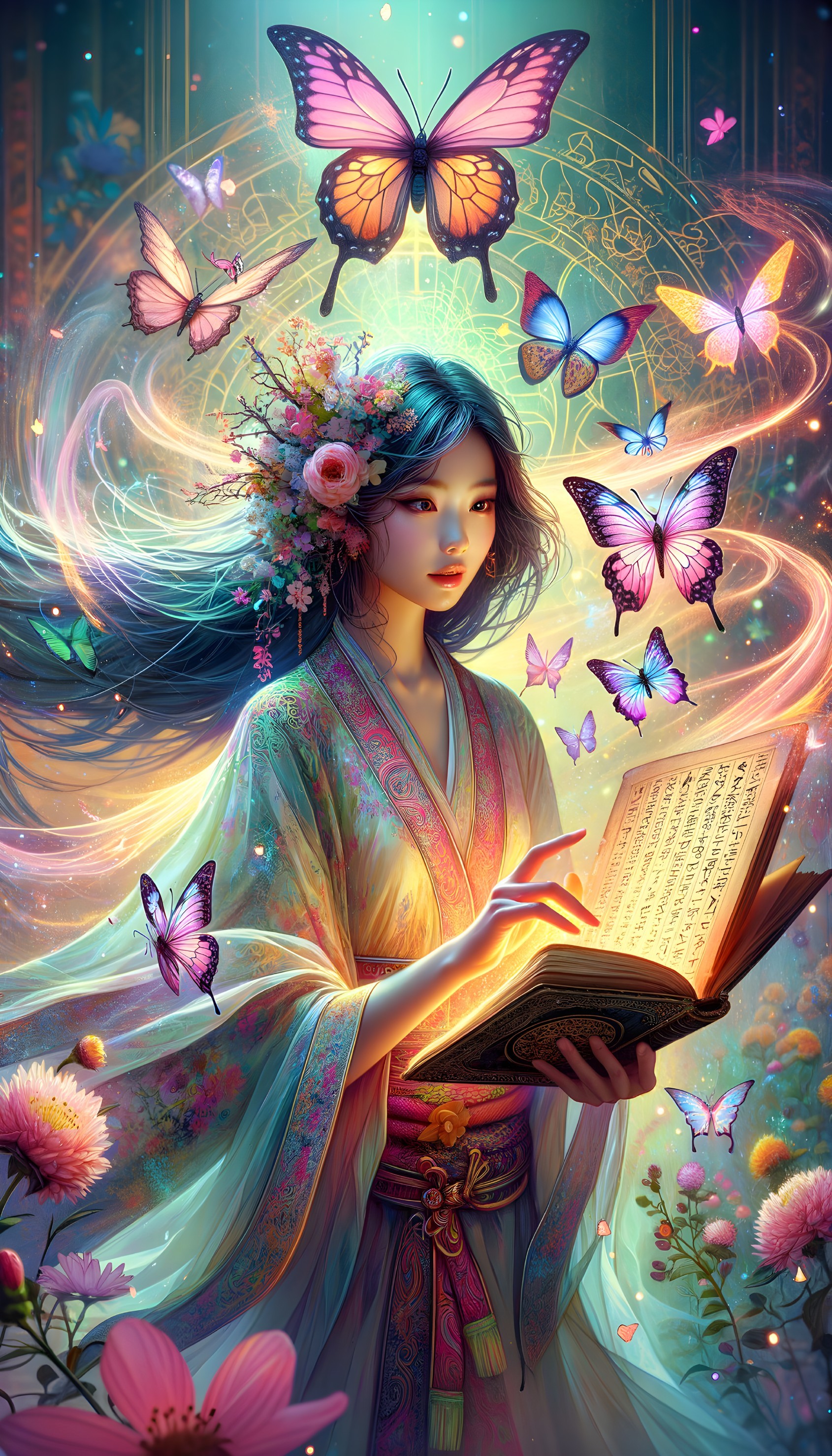 Serene Figure in Colorful Robe Surrounded by Butterflies