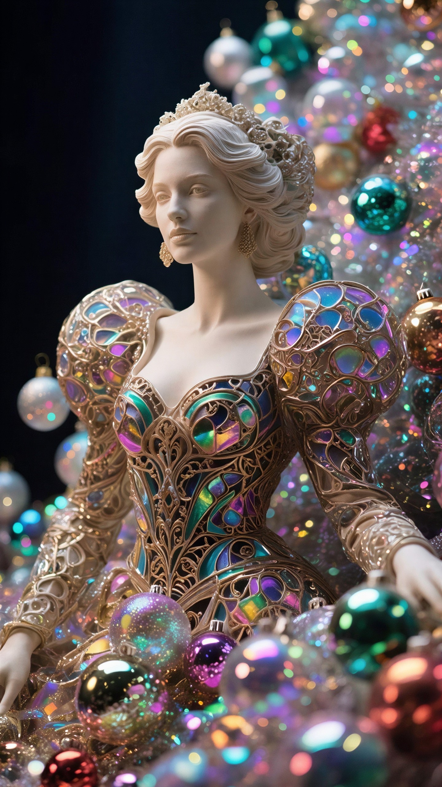 White Marble Statue of Woman with Colorful Ornaments