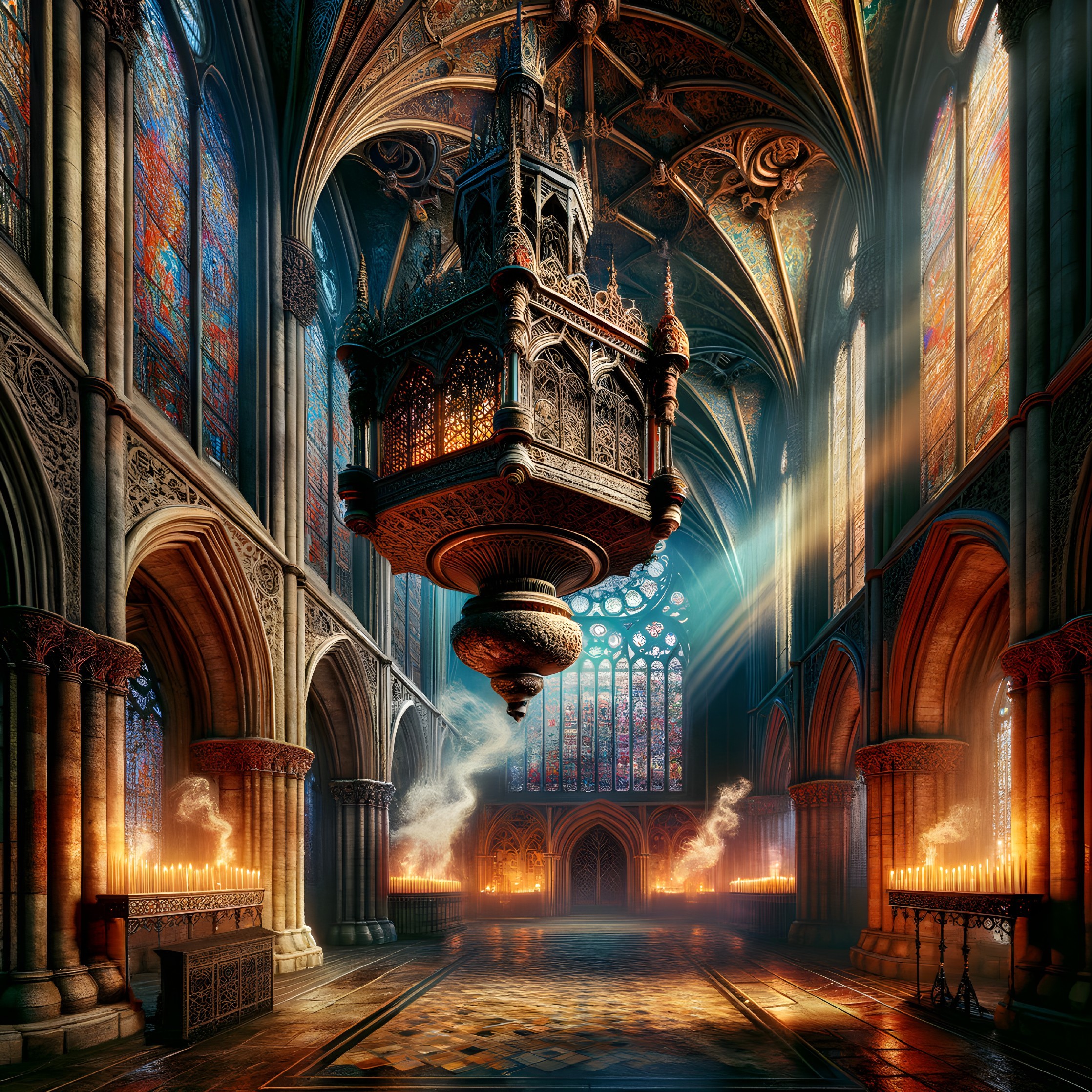 Gothic Cathedral Interior with Stained Glass and Arches