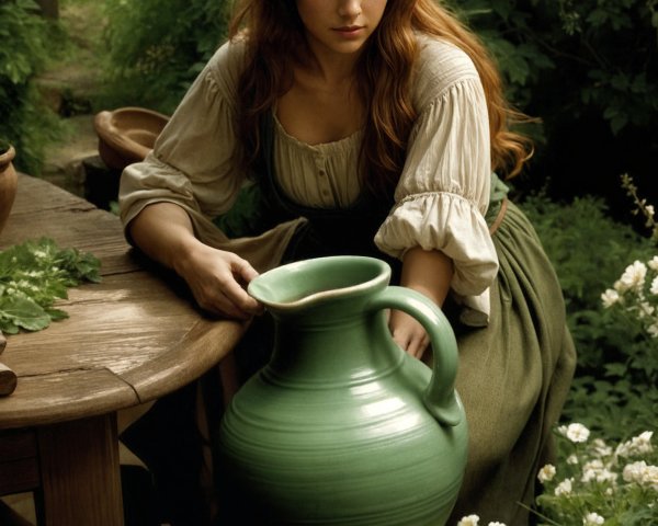 Young Woman Examining Ceramic Jug in Garden Setting