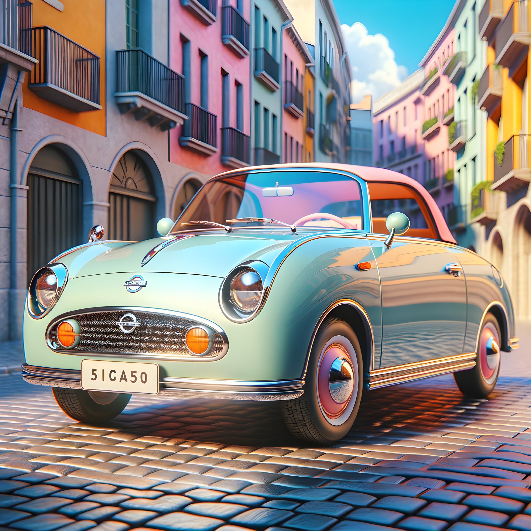 Vintage Convertible on Charming Cobblestone Street