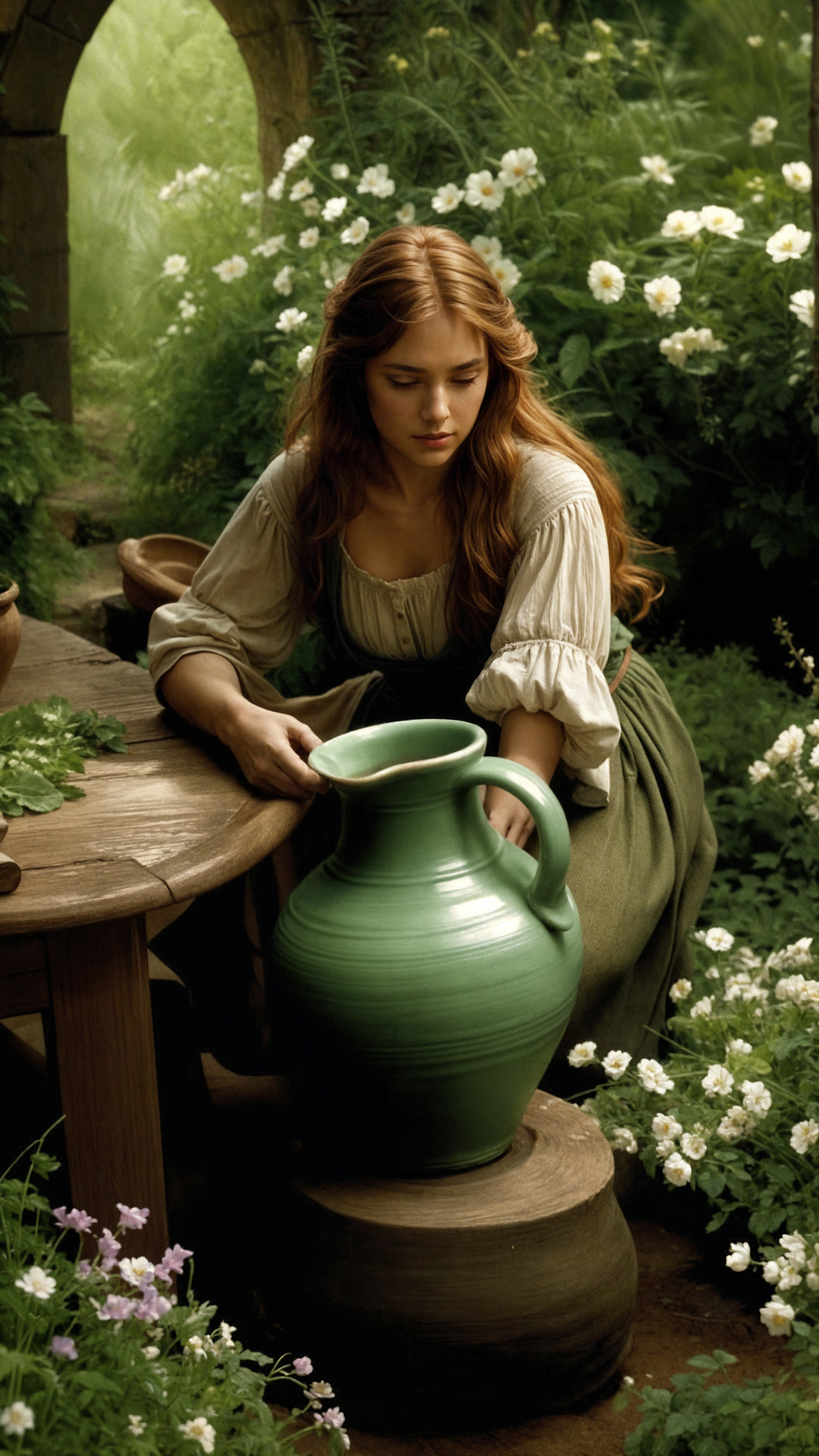 Young Woman Examining Ceramic Jug in Garden Setting