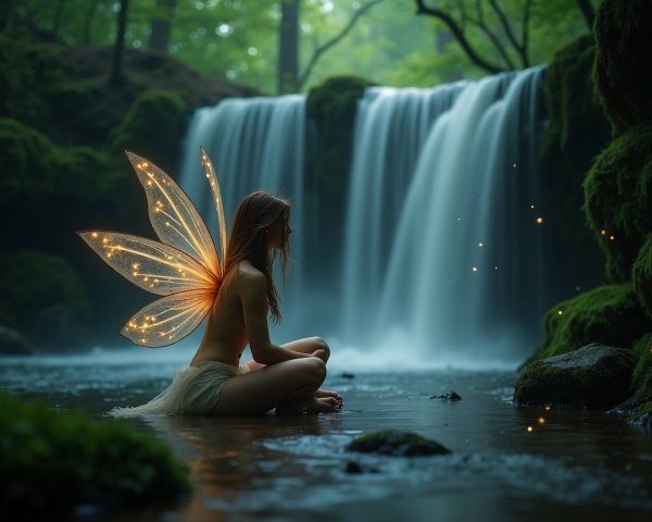 Young woman with wings in a tranquil forest pool