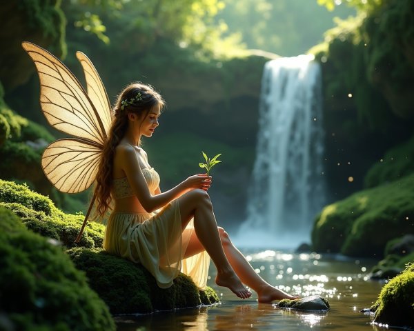 Young Woman with Butterfly Wings by a Tranquil Stream