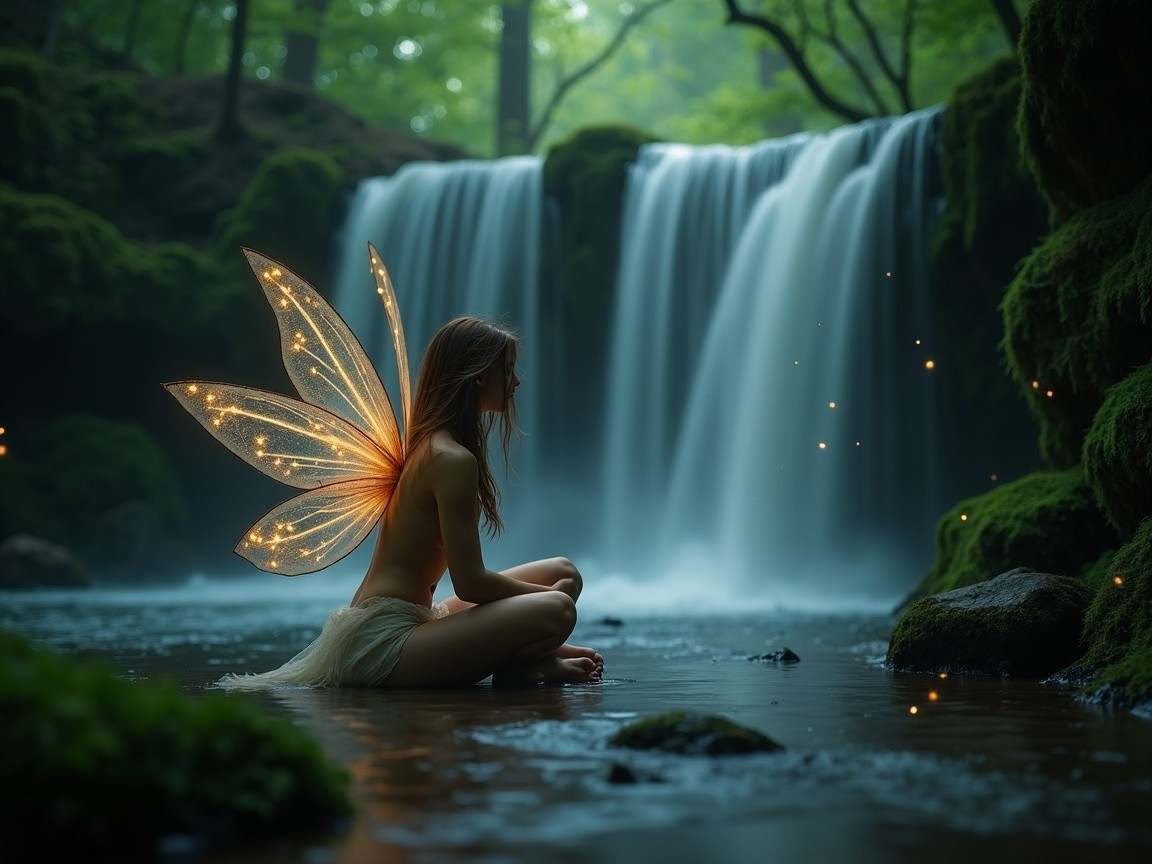 Young woman with wings in a tranquil forest pool