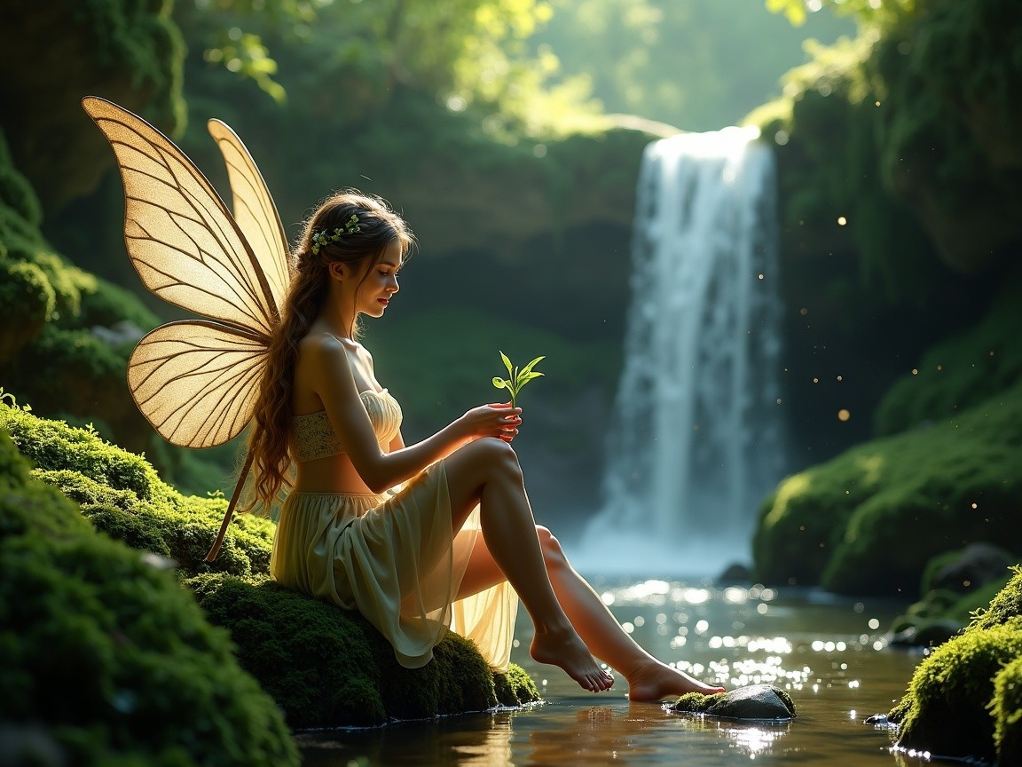 Young Woman with Butterfly Wings by a Tranquil Stream
