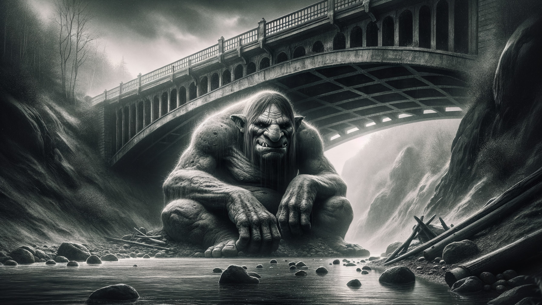 Troll by Foggy River Under Old Bridge in Eerie Scene