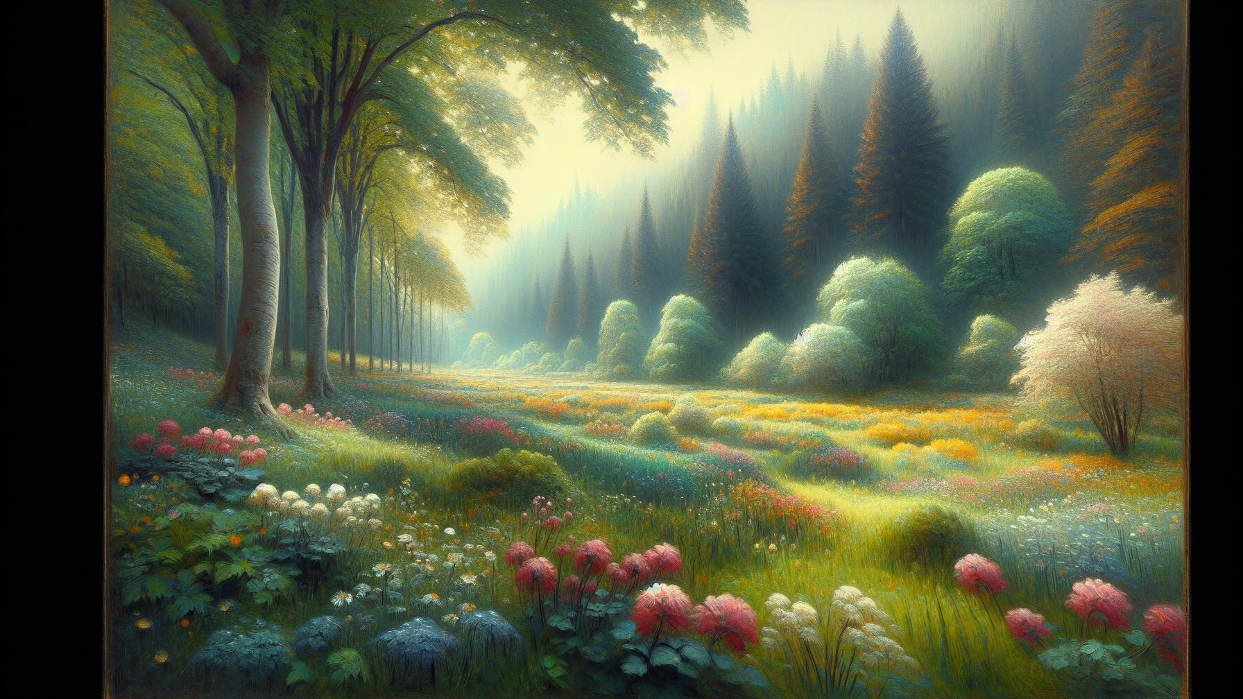 Serene Landscape with Lush Greenery and Wildflowers