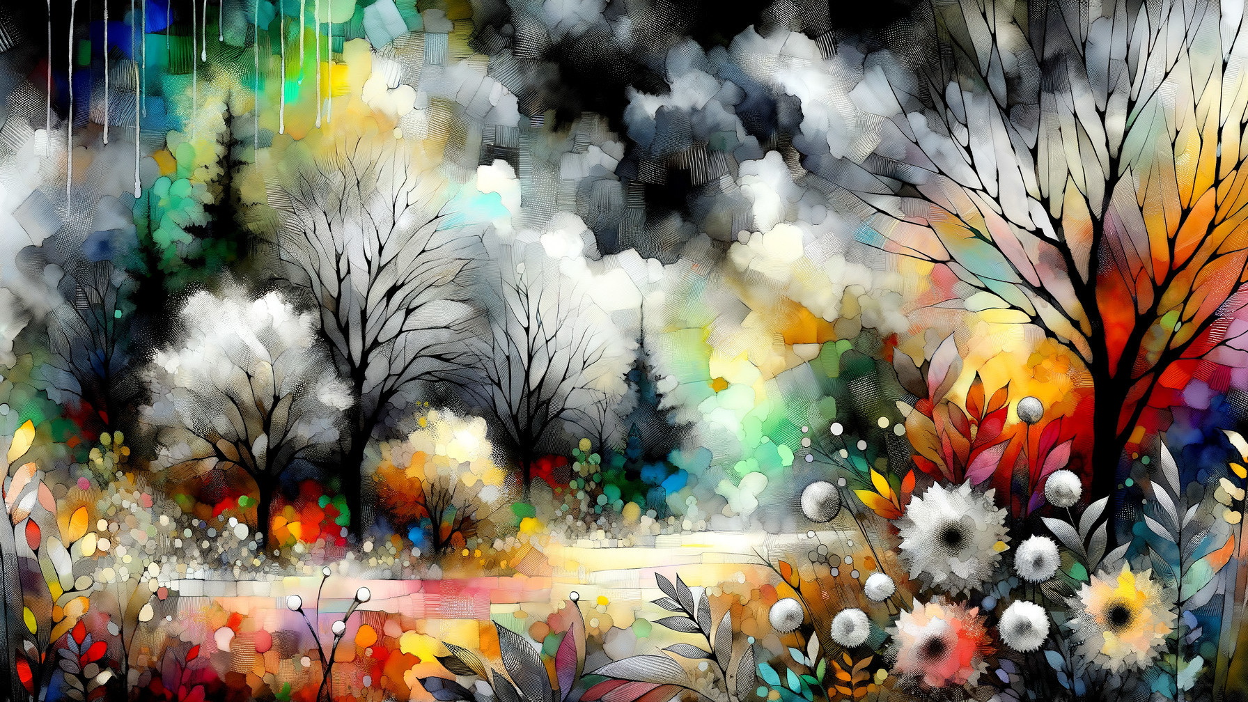 Vibrant Abstract Landscape with Colorful Flowers and Trees
