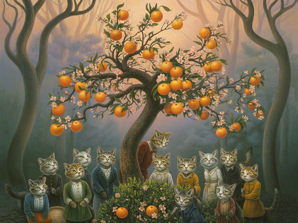 Cats in Victorian Attire by an Orange Tree at Dawn