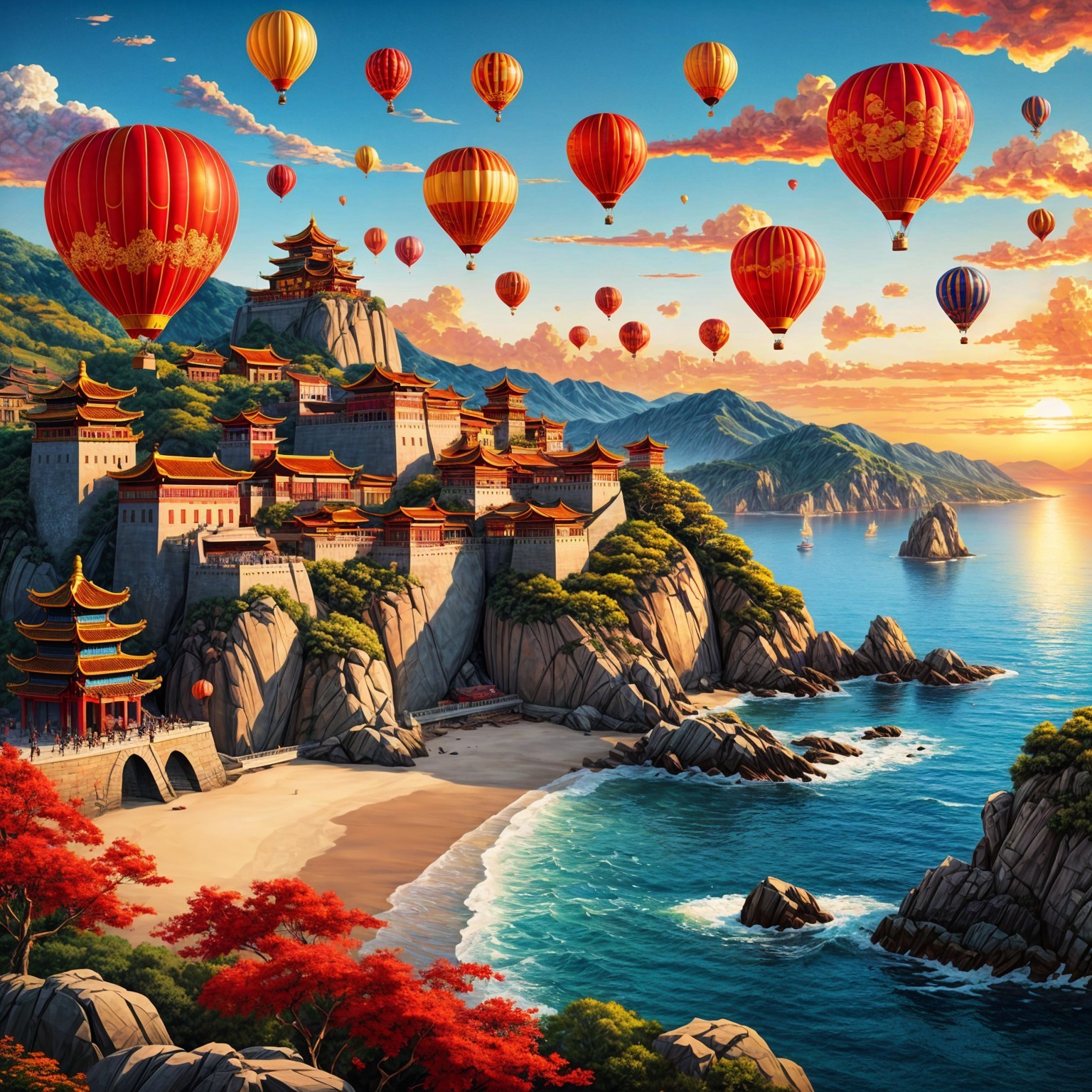 Cliffside Village Surrounded by Autumn Trees and Balloons