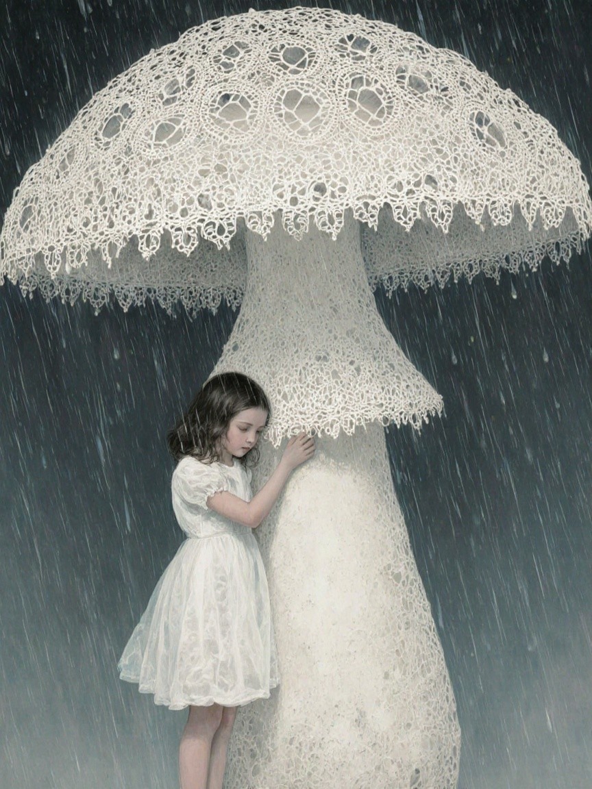 Young girl in lace dress beside large ornate mushroom