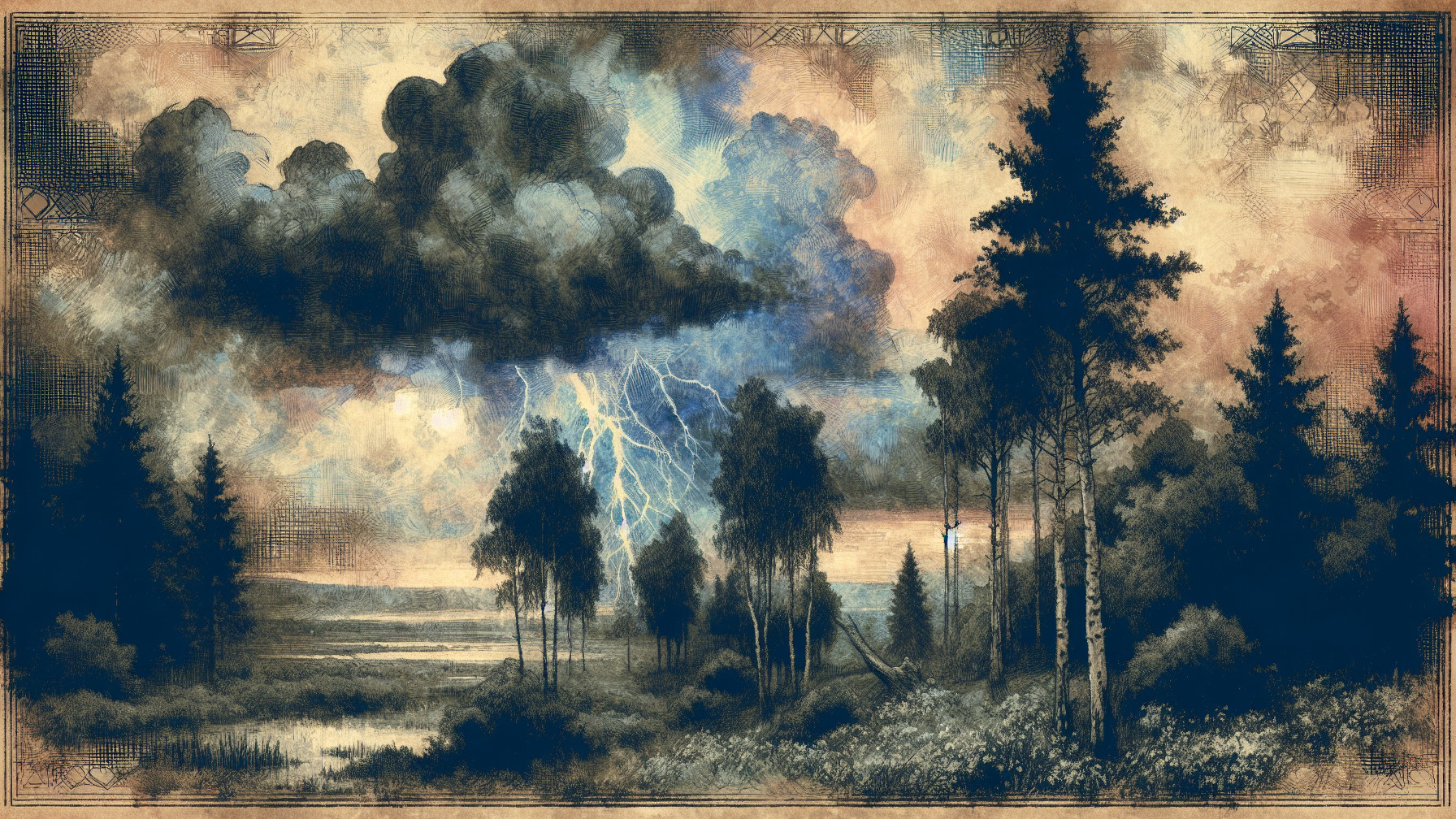 Dramatic Landscape with Lightning and Serene Lake