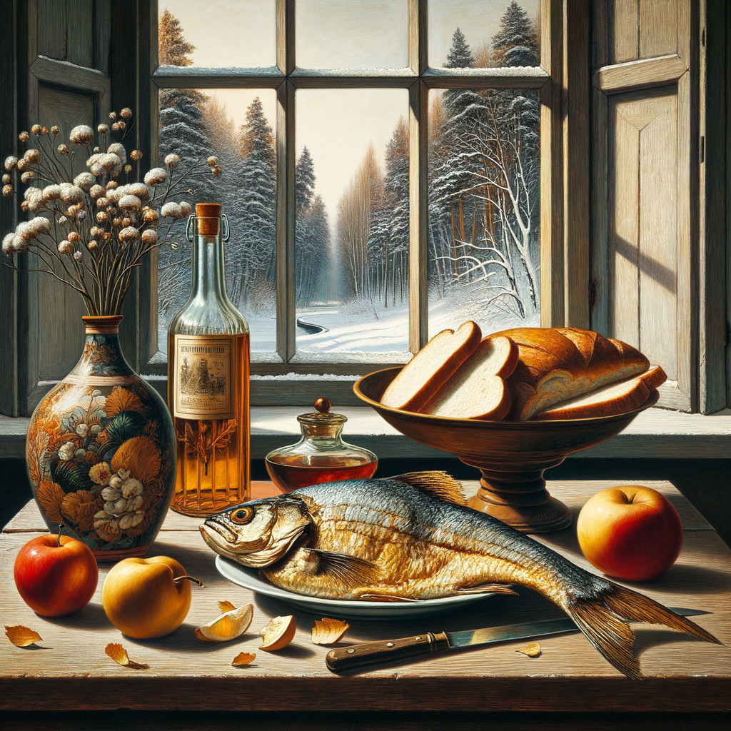 Winter Scene with Rustic Window and Still Life Display