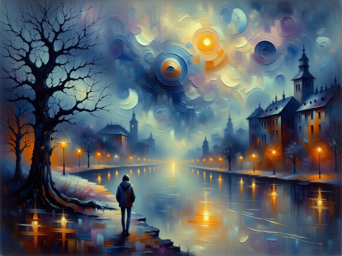 Twilight River Scene with Reflections and Silhouettes