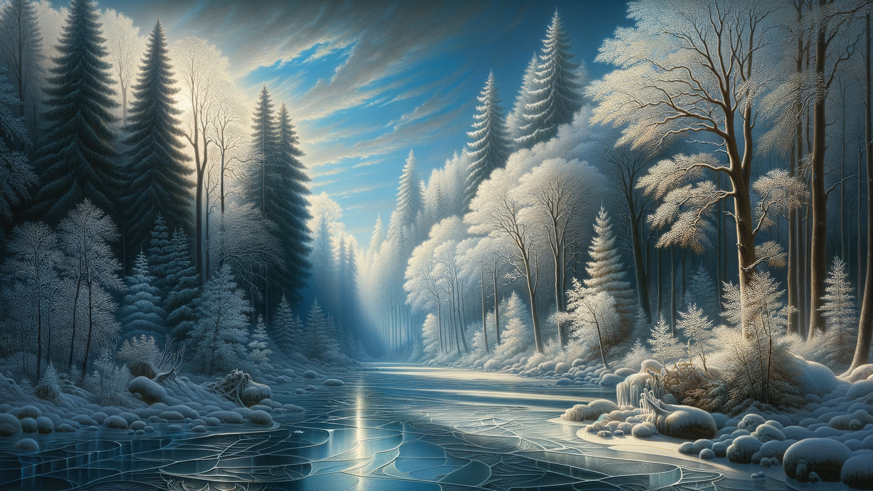 Serene Winter Landscape with Tranquil River and Trees