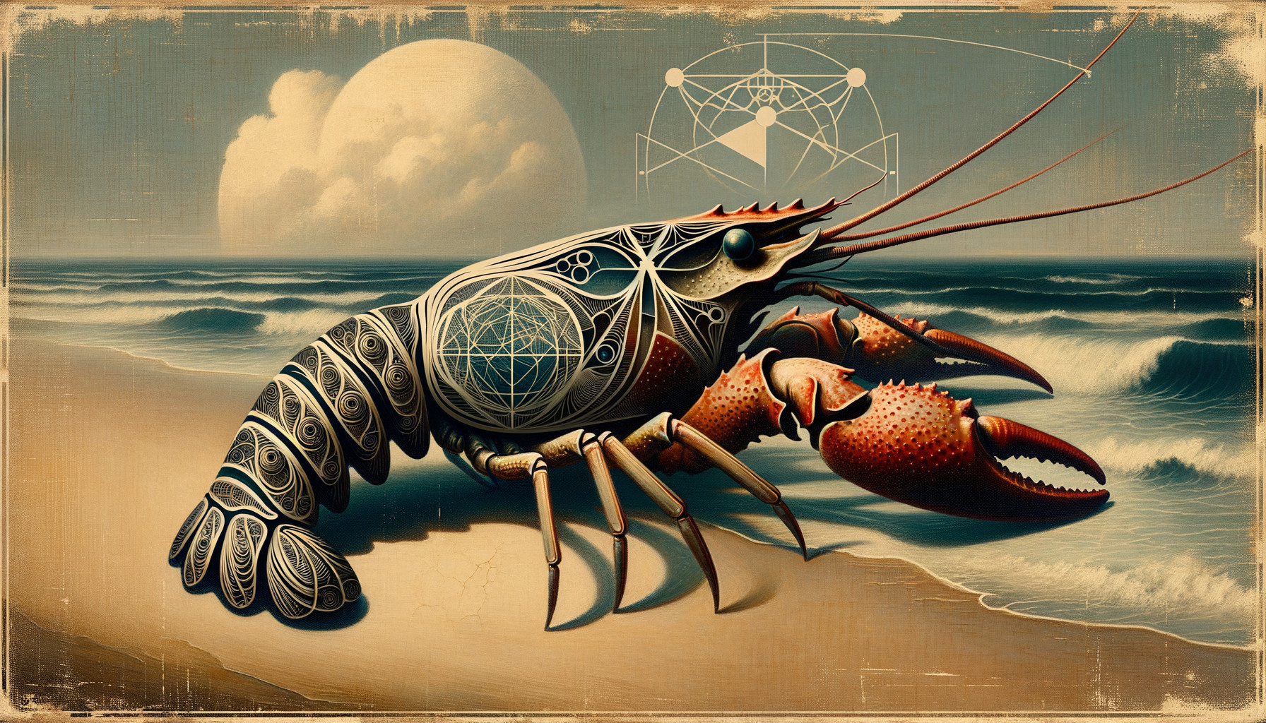 Stylized lobster on beach with geometric patterns