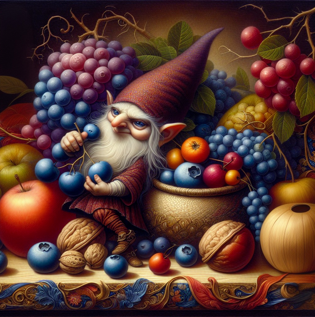 Gnome Surrounded by Vibrant Fruits in Enchanted Setting