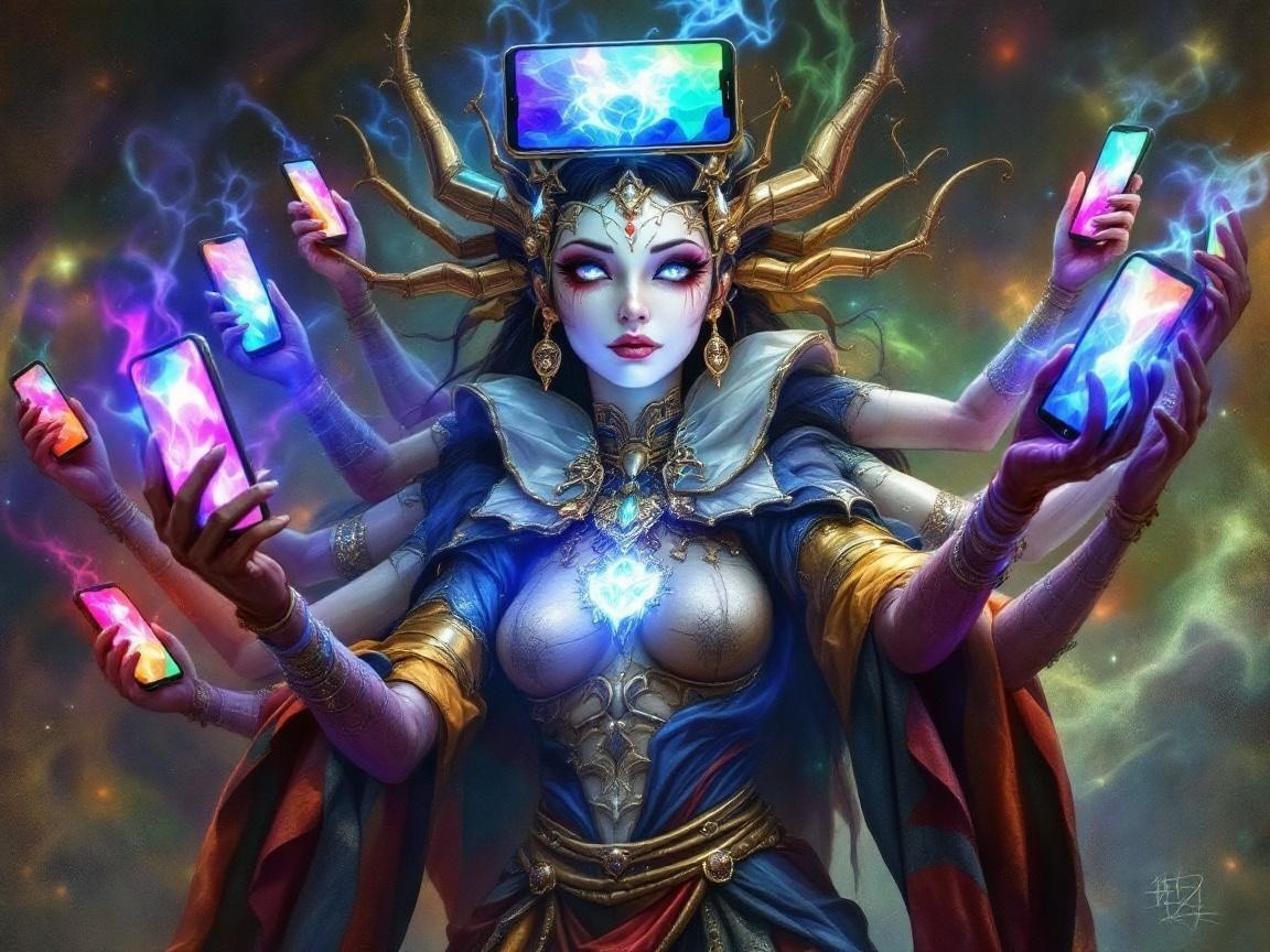 Deity with Multiple Arms Holding Glowing Smartphones