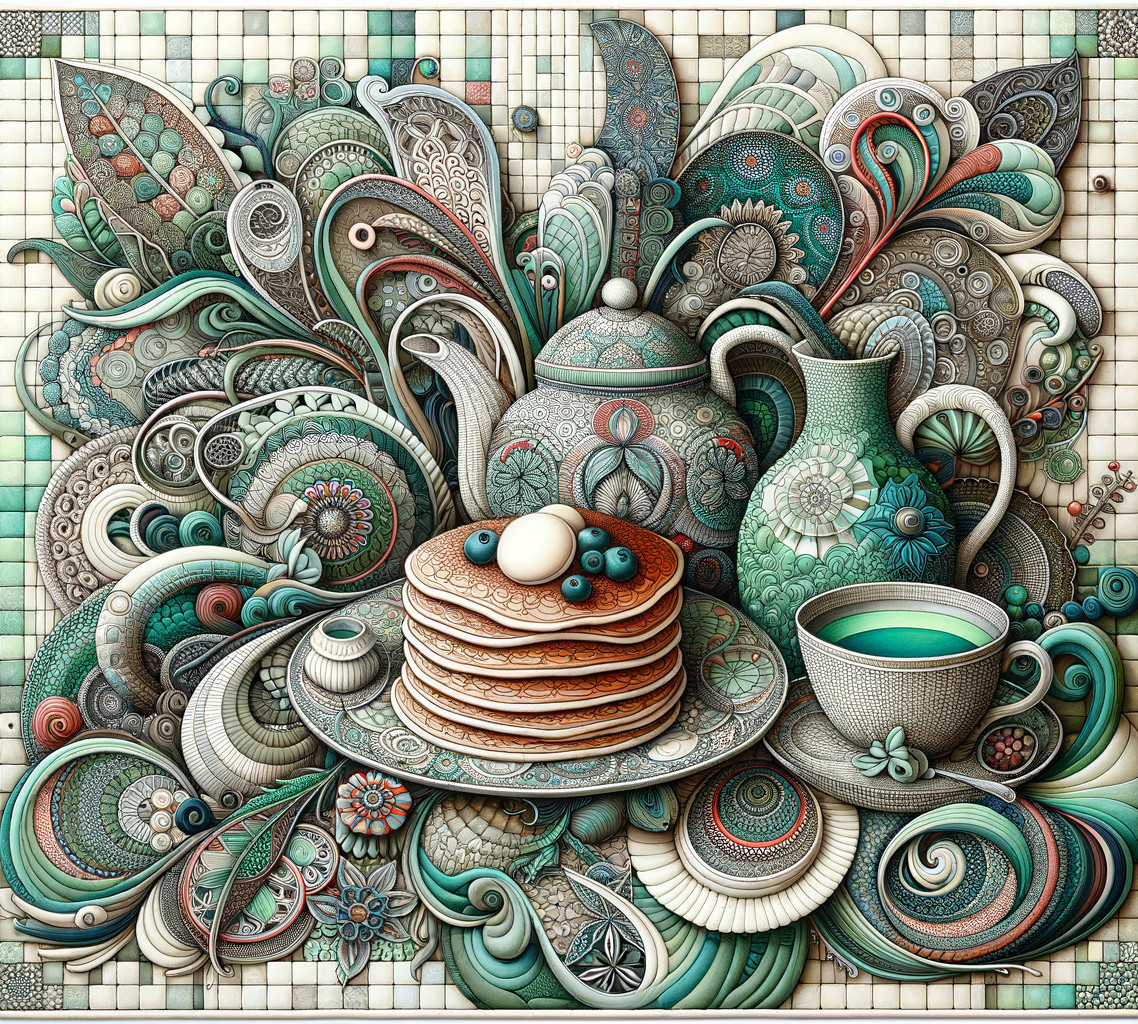 Intricate Pancake Arrangement with Teapot and Tea