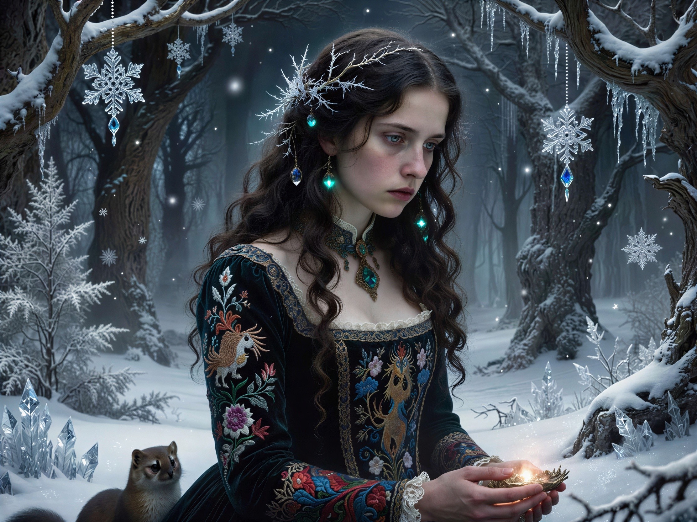 Medieval Woman in Snowy Forest with Embroidered Gown