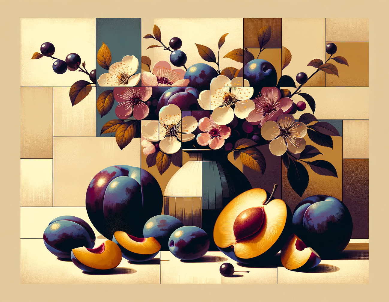 Still Life with Blue Plums, Apricots, and Flowers