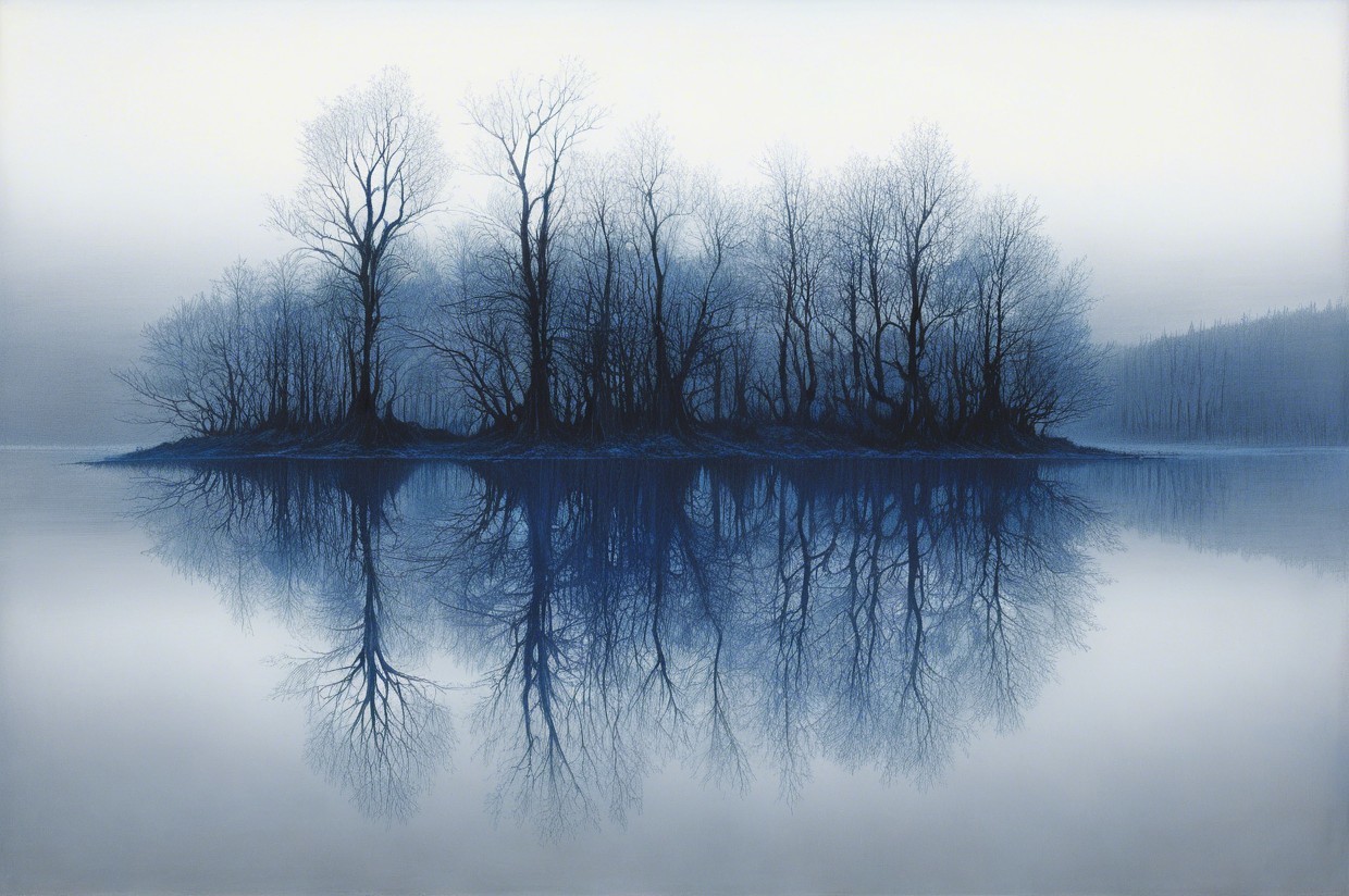 Serene Lake Landscape with Mist and Bare Trees