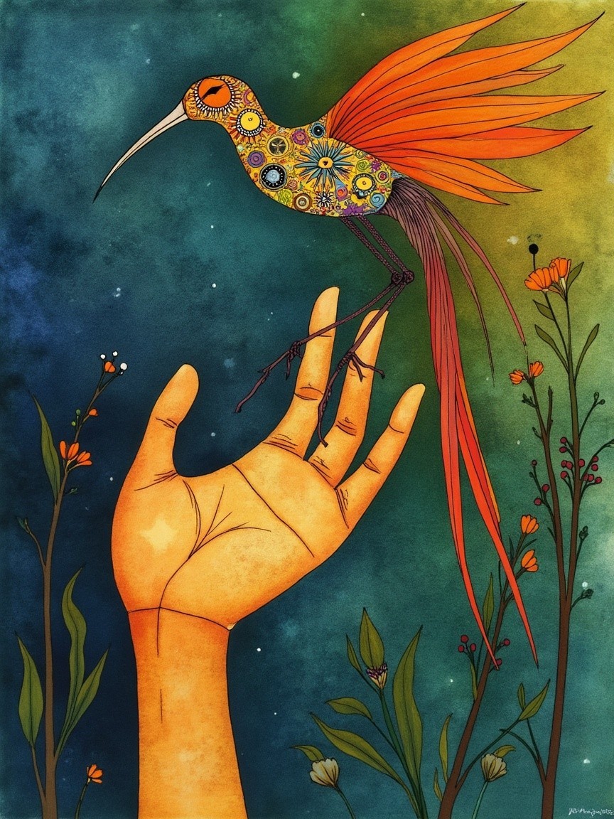 Colorful Bird with Floral Patterns on a Hand Illustration