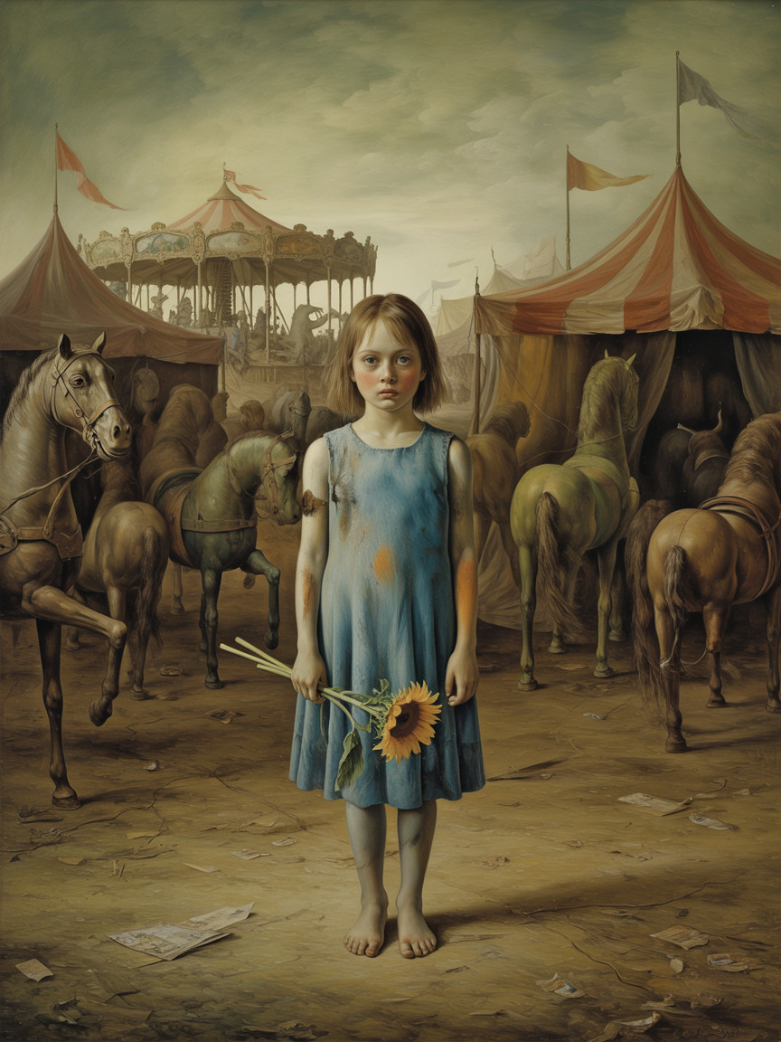 Solitary Girl at Abandoned Fairground with Sunflower