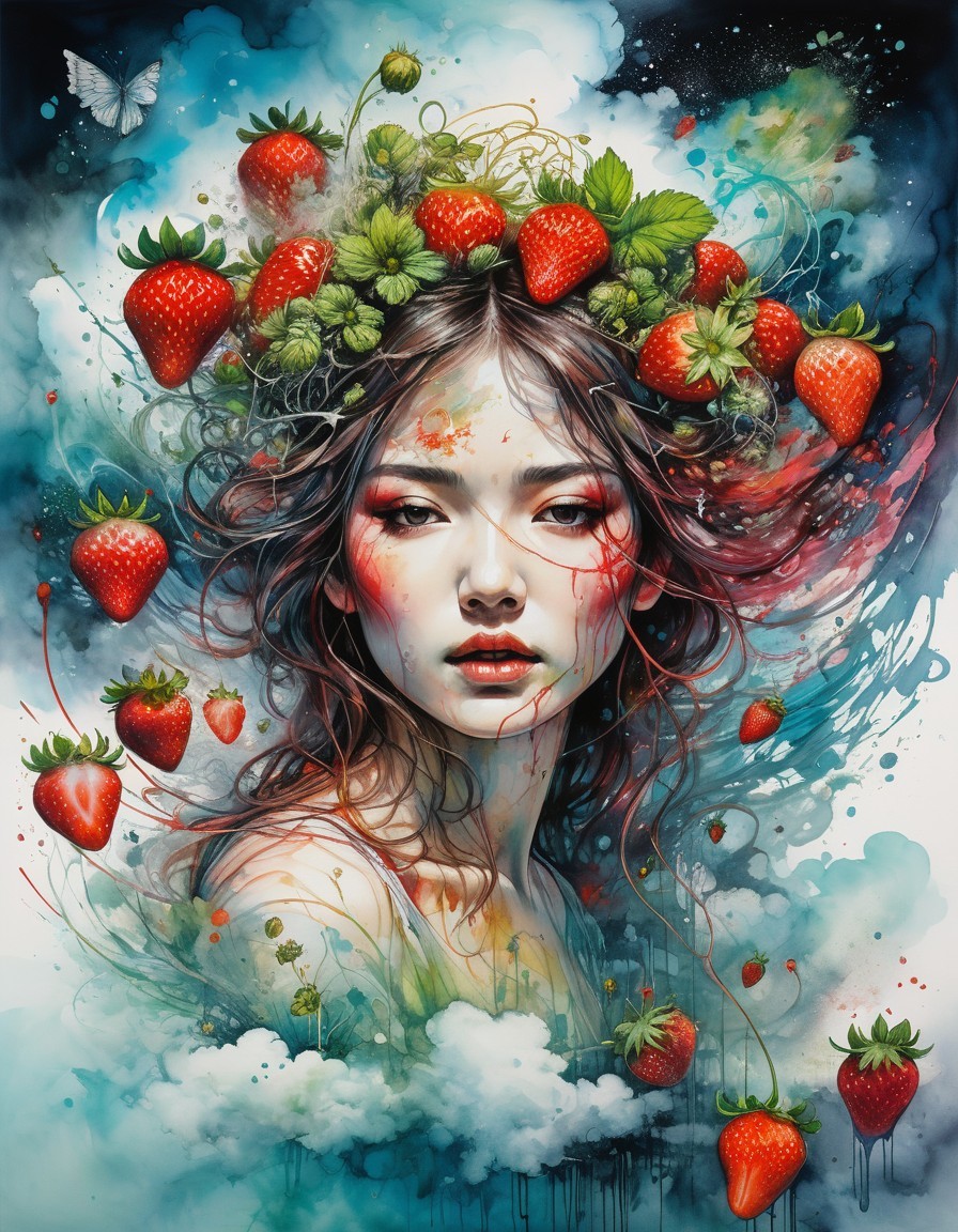 Surreal Portrait of a Woman Among Vibrant Strawberries