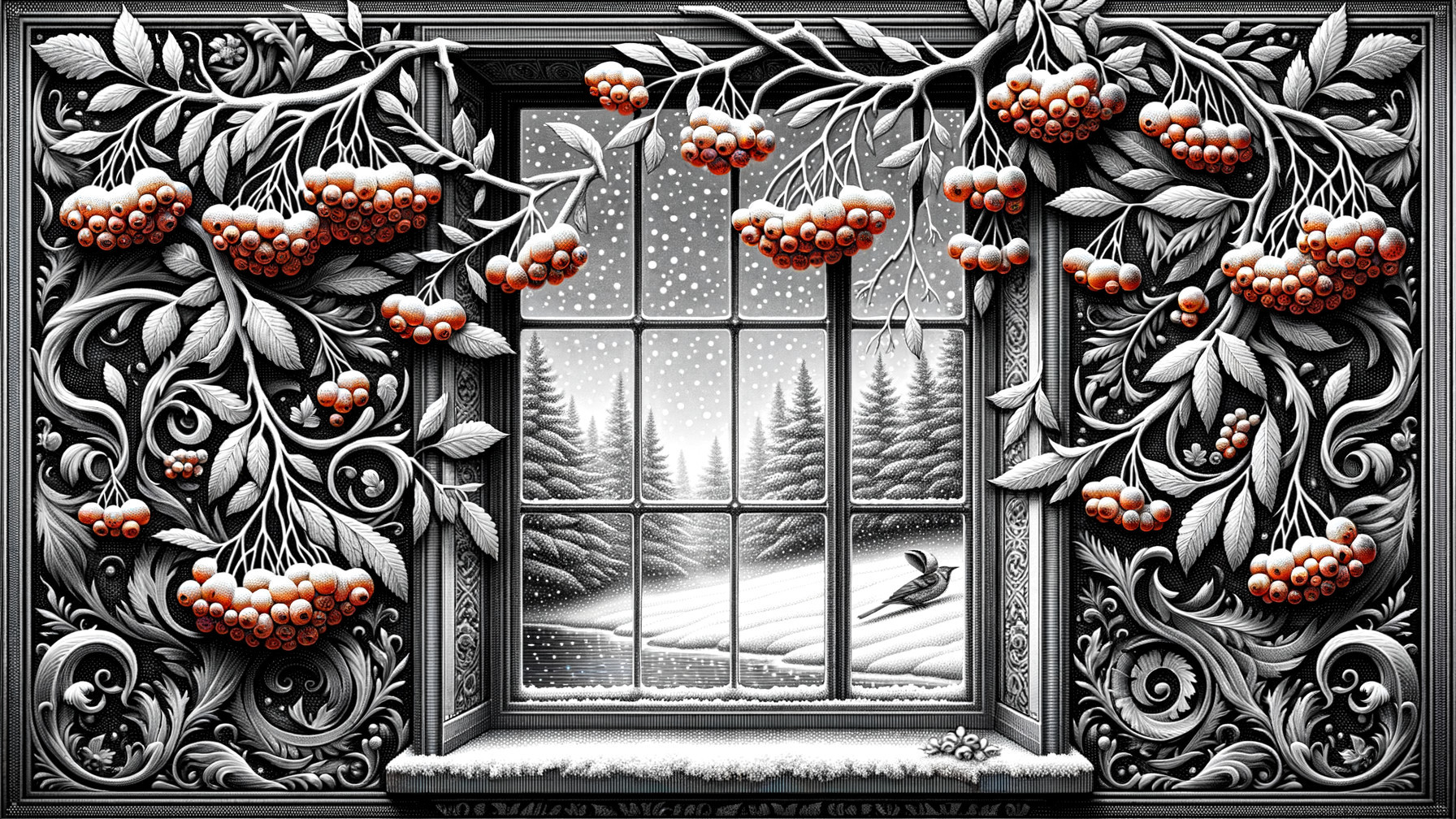 Winter Scene with Snow and Red Berries Framed by Foliage