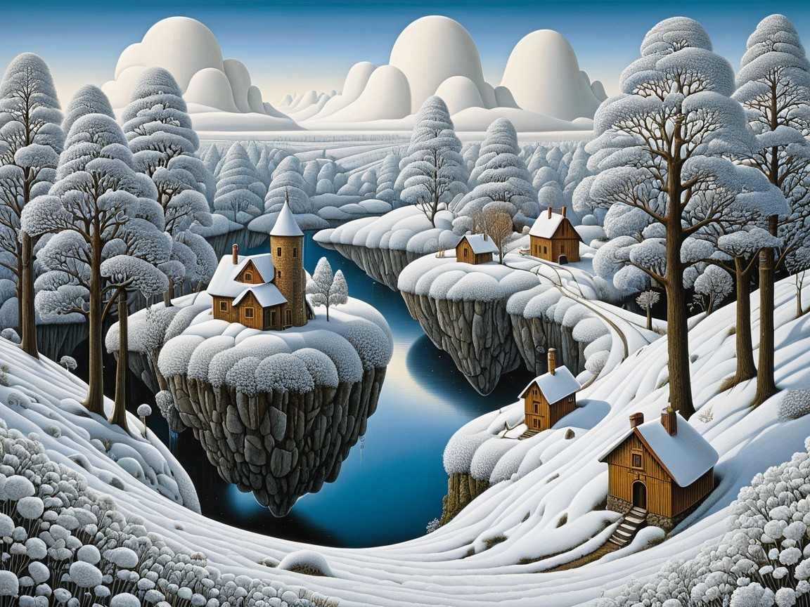 Winter Landscape with Snowy Hills and Frozen River