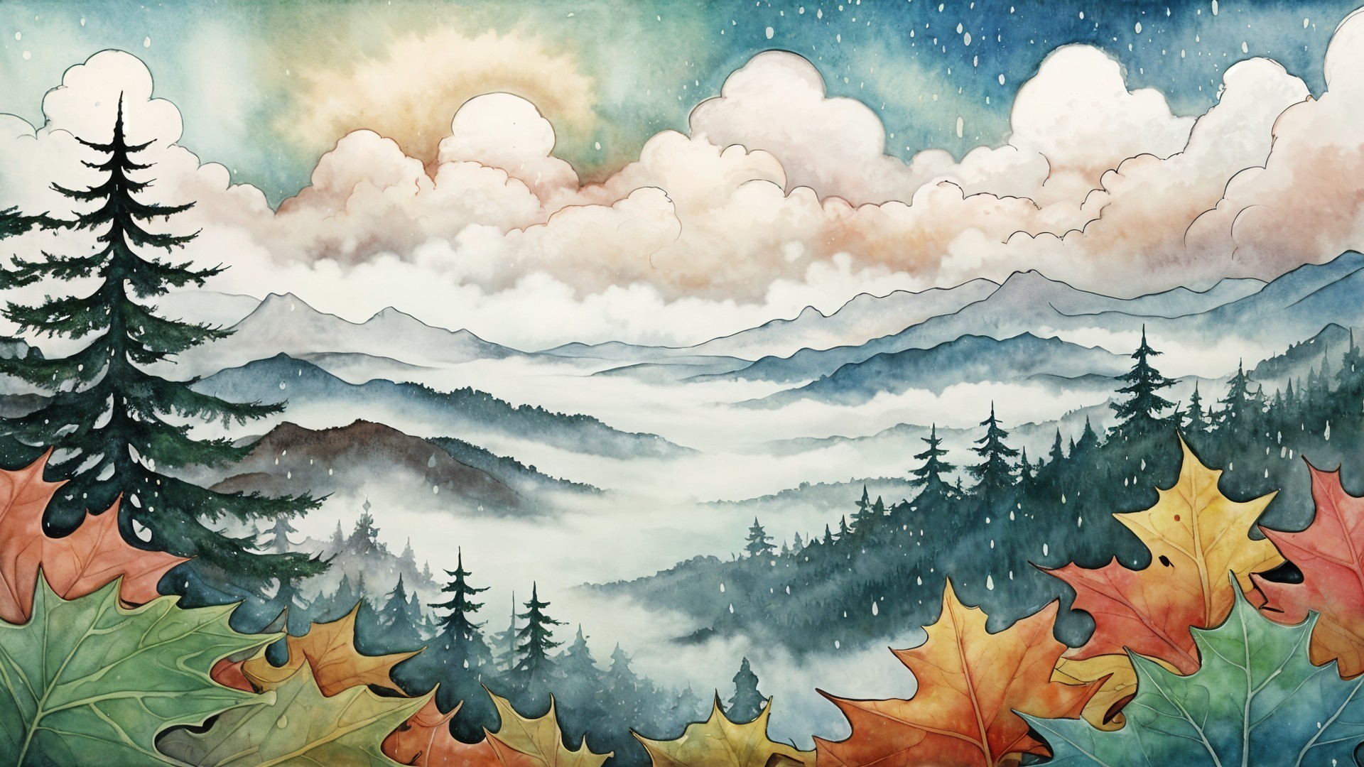 Misty Valley Landscape with Autumn Leaves and Mountains