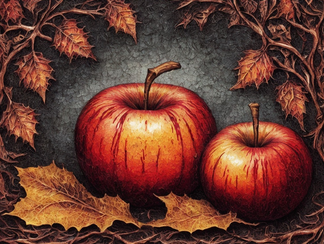 Vibrant Red Apples Surrounded by Autumn Leaves