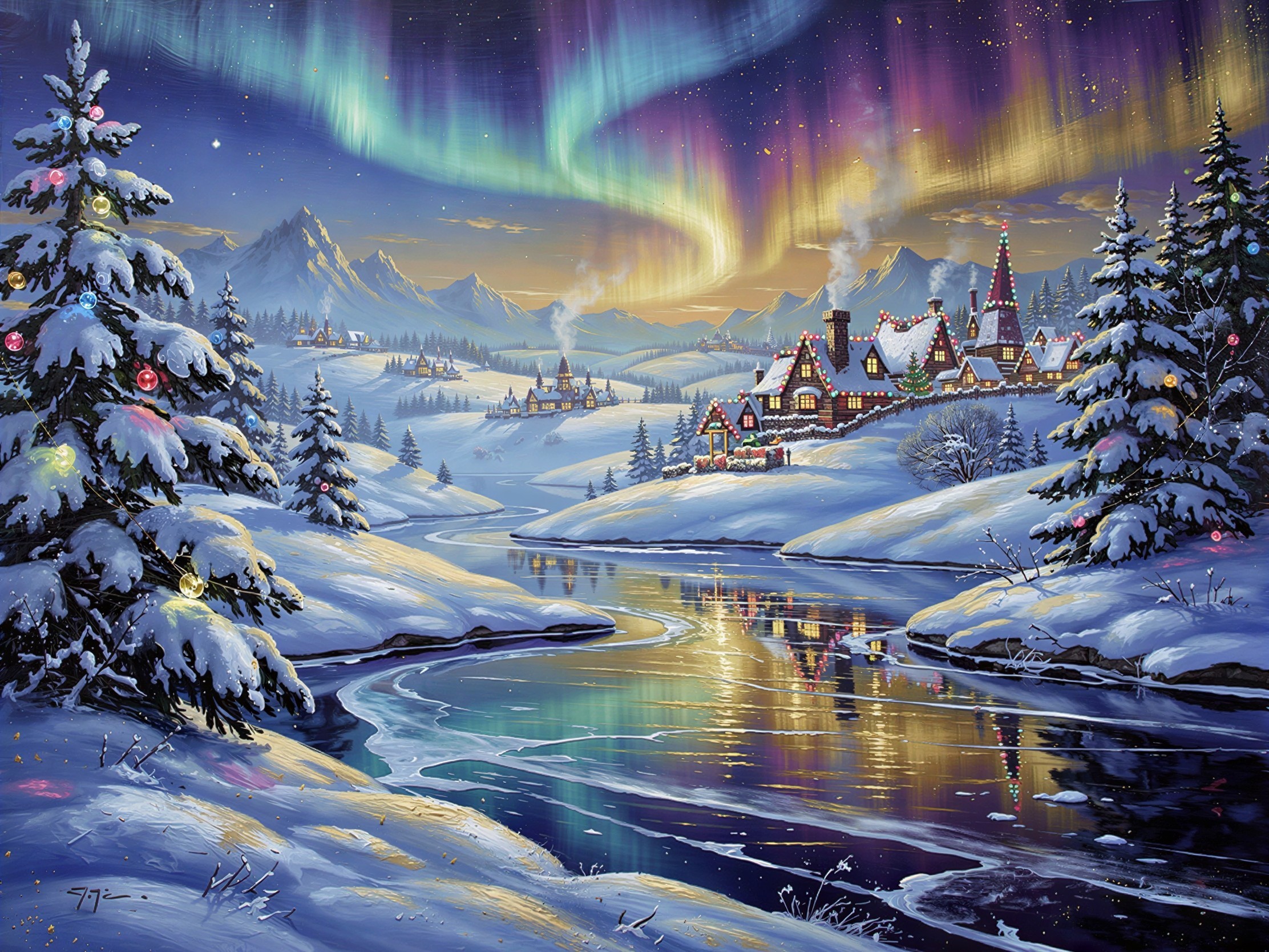 Winter Wonderland Painting with Village and Aurora Borealis